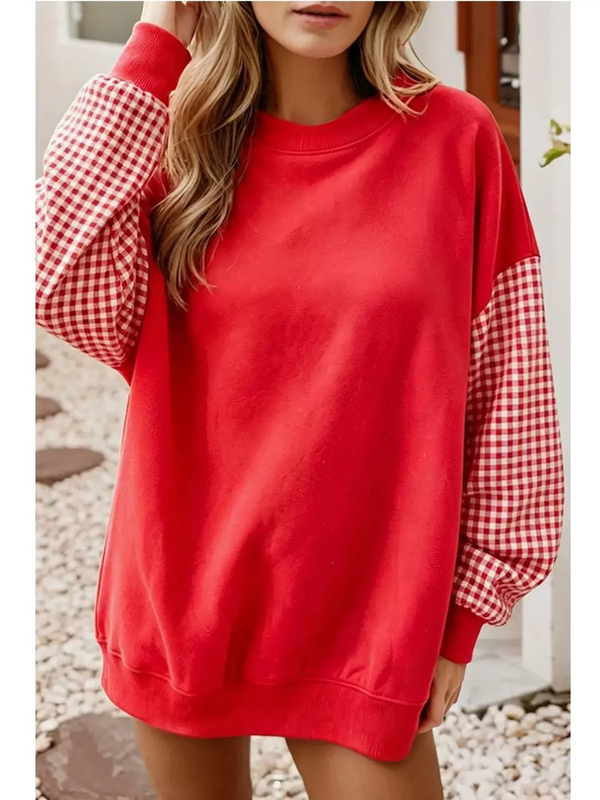 Red and white gingham sleeve dropped shoulder sweatshirt, front view