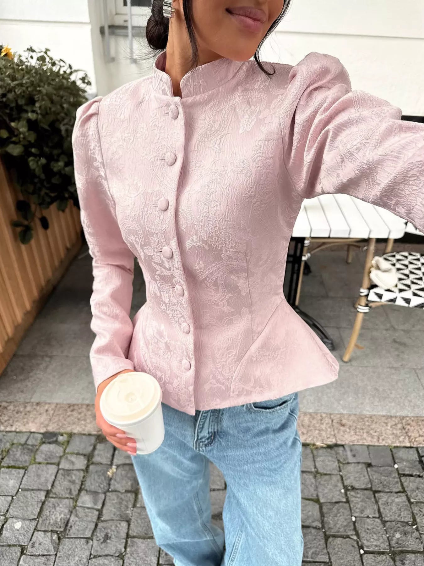 Trendsi Jacquard Peplum Puff Sleeve Outerwear -