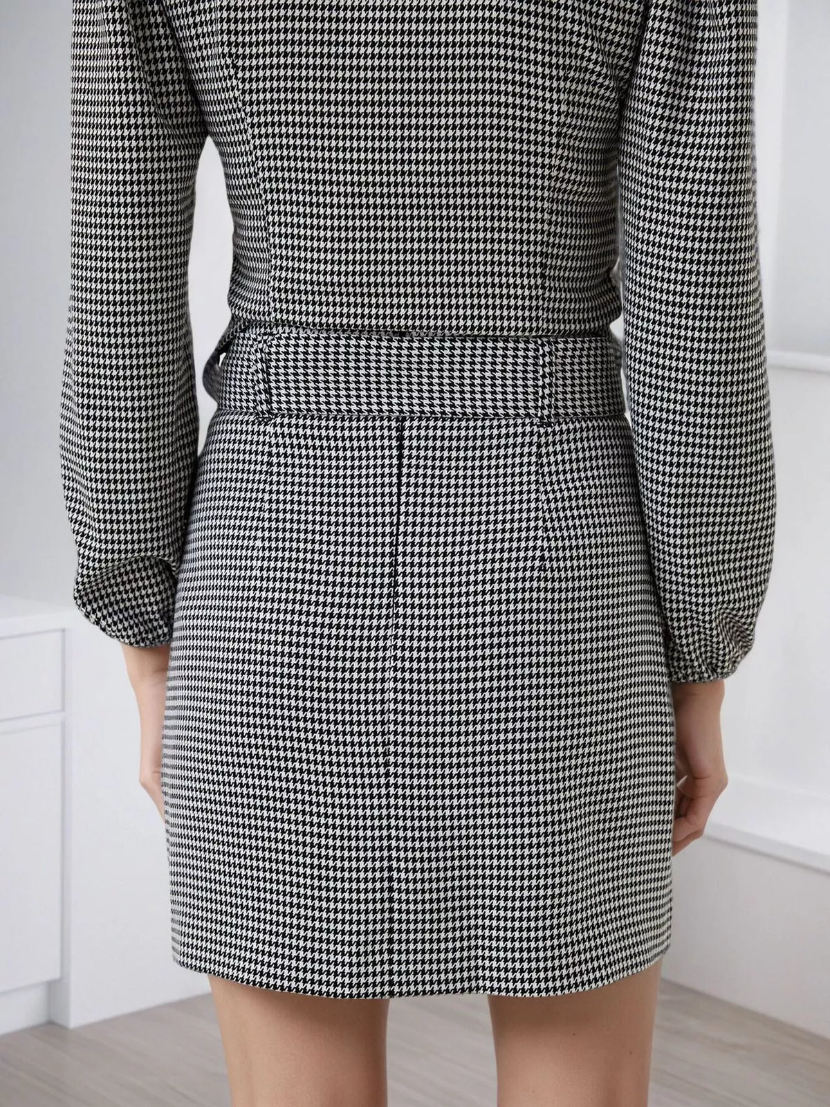 Black Contrast Collar Houndstooth Mini Dress three-quarter view