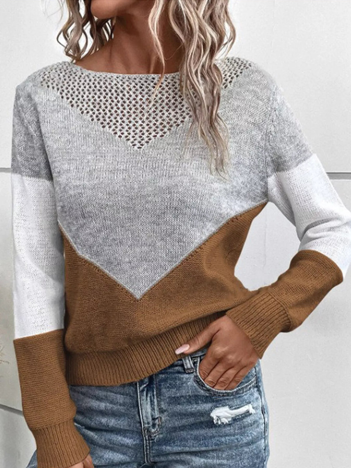 Women's Openwork Color Block Long Sleeve Sweater in Yellow, alternate view