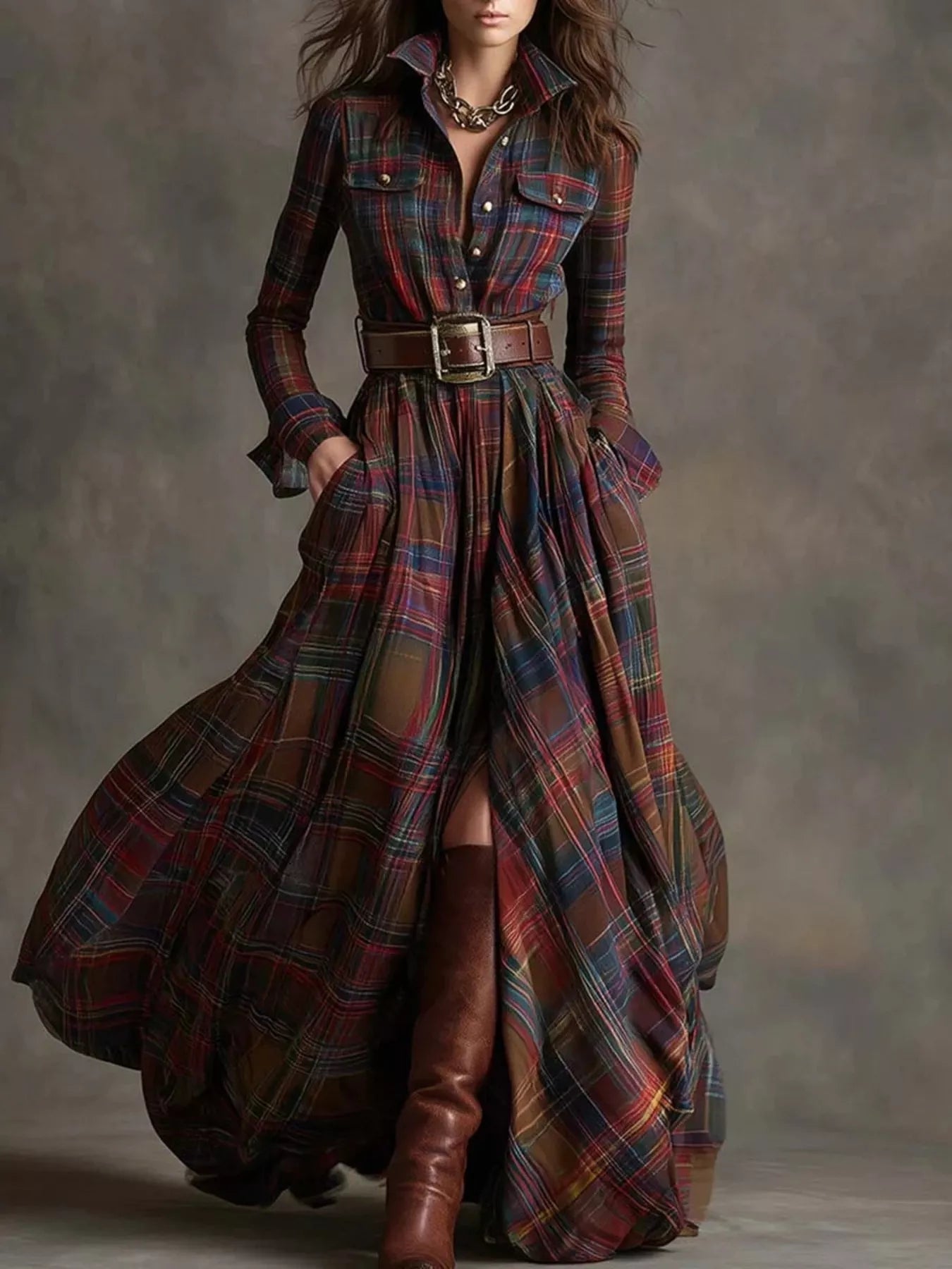 Trendsi Full Size Plaid Long Sleeve Shirt Maxi Dress Plus Size -