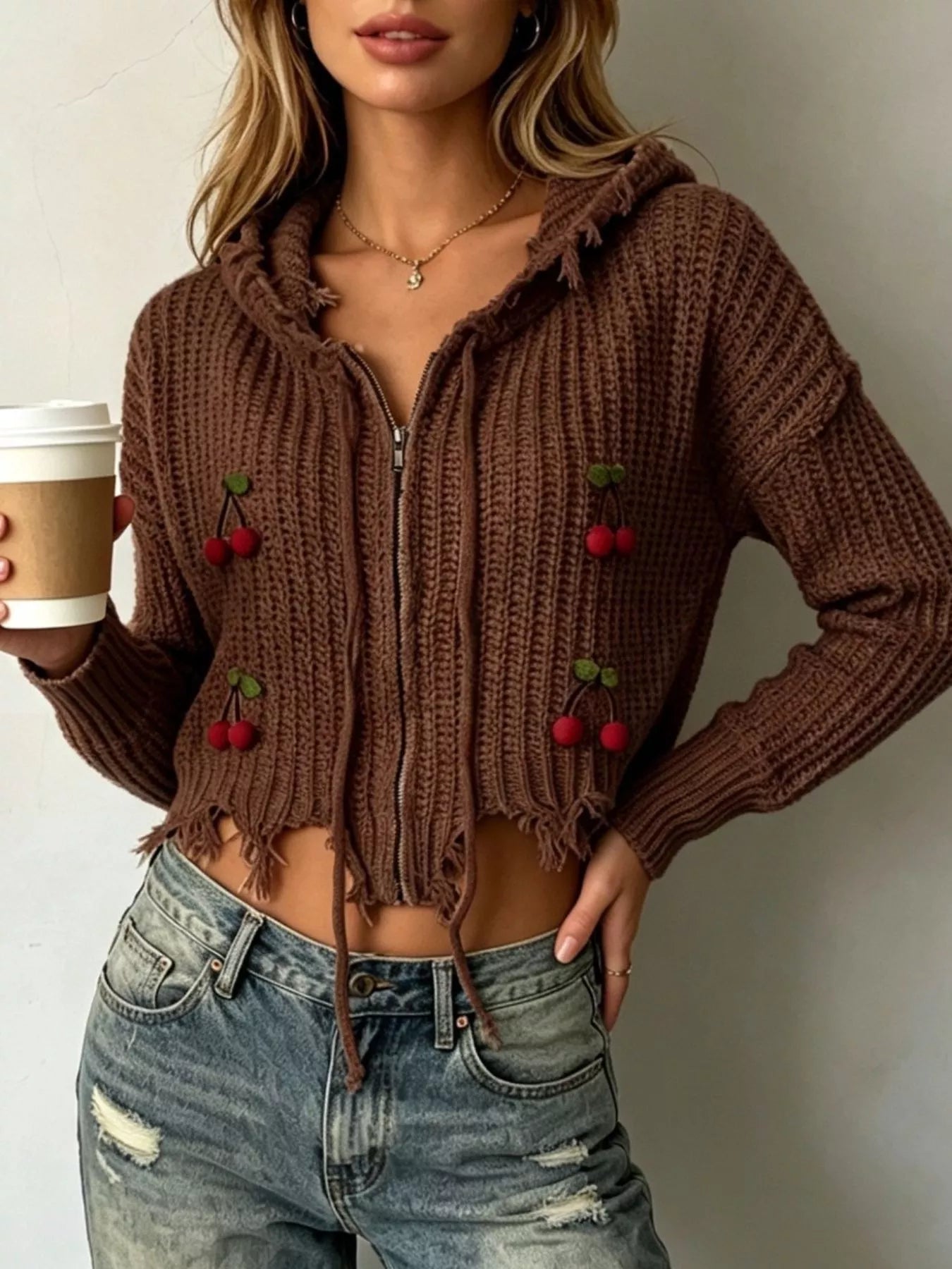 Trendsi Cherry Knit Zip-Up Hooded Sweater -