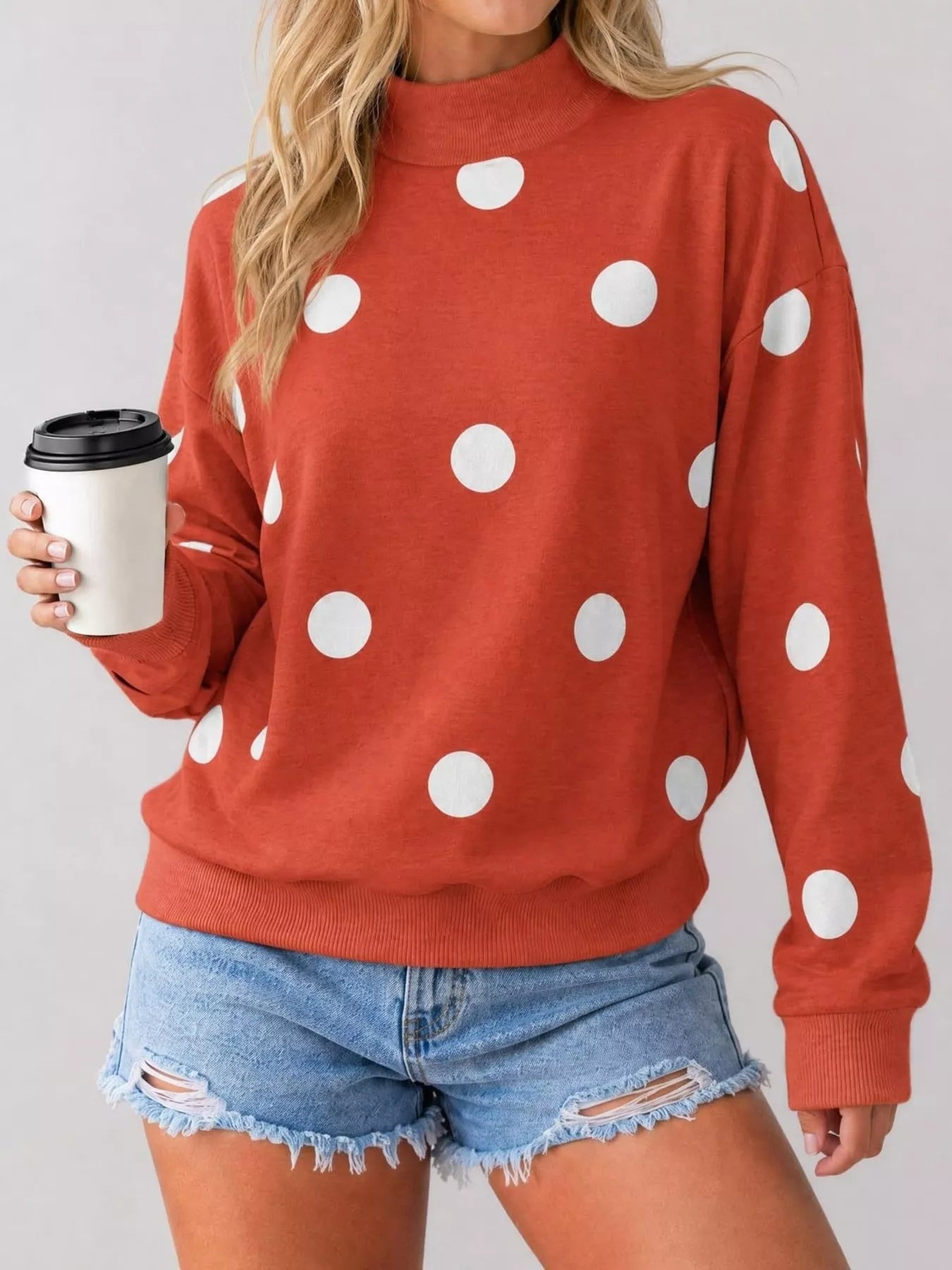 Trendsi Mock Neck Polka Dot Print Oversized Sweatshirt -
