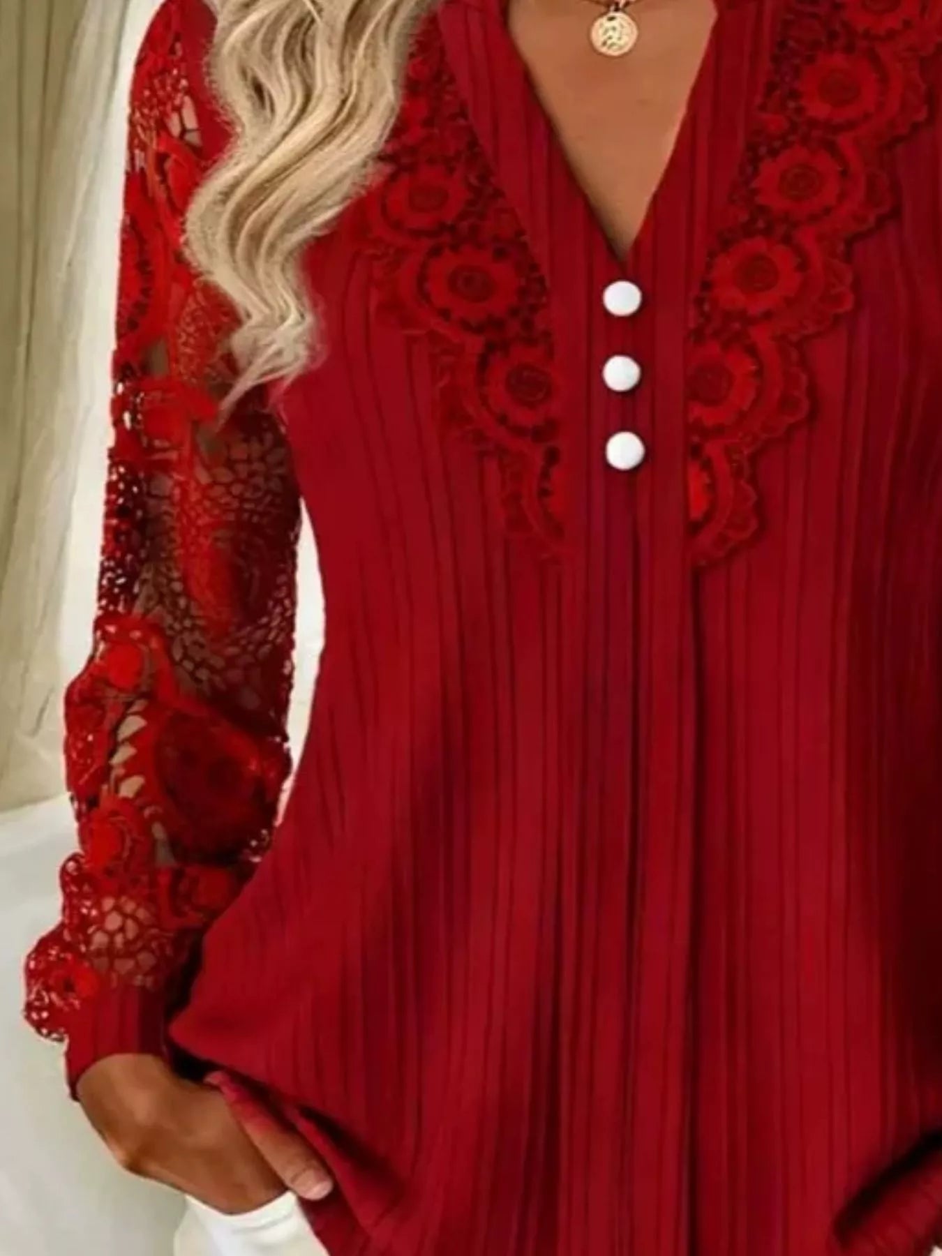Trendsi Lace Long Sleeve Notched Blouse -