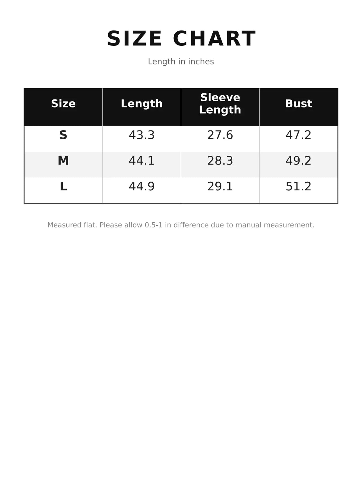 Size chart for asymmetric button longline trench coat
