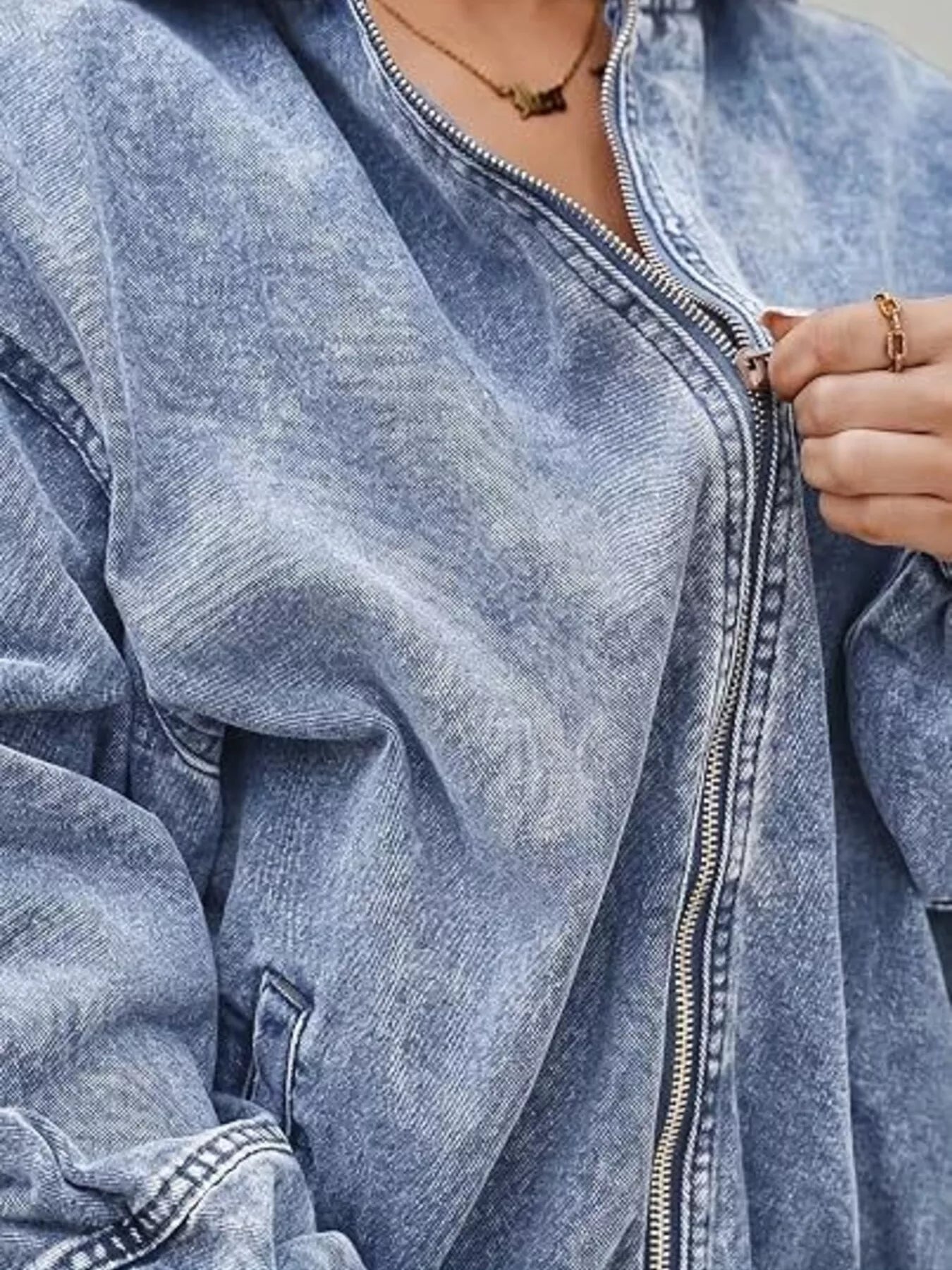 Trendsi Vintage Washed Zip Up Hooded Denim Jacket -