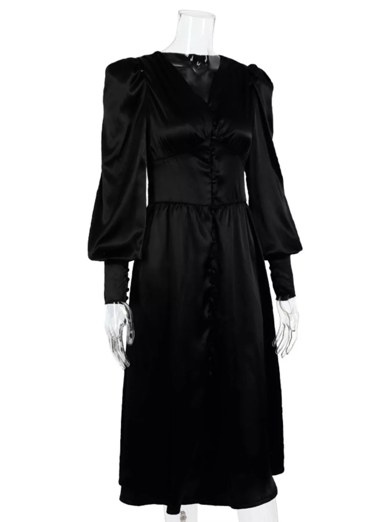 Trendsi Elegant V-Neck Puff Sleeve Button-Down Midi Dress -
