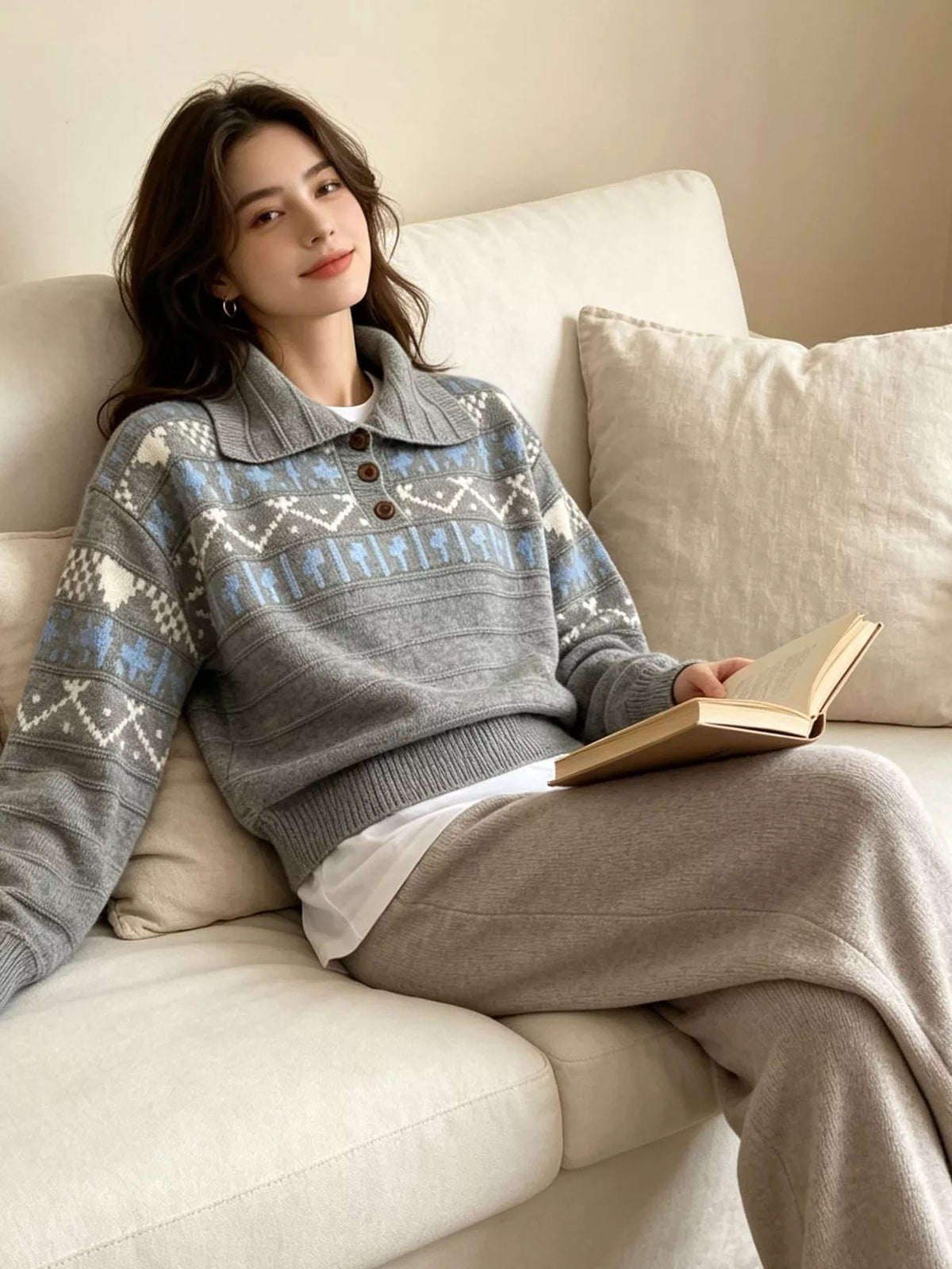Gray fair isle polo-collar sweater, reclining front view.