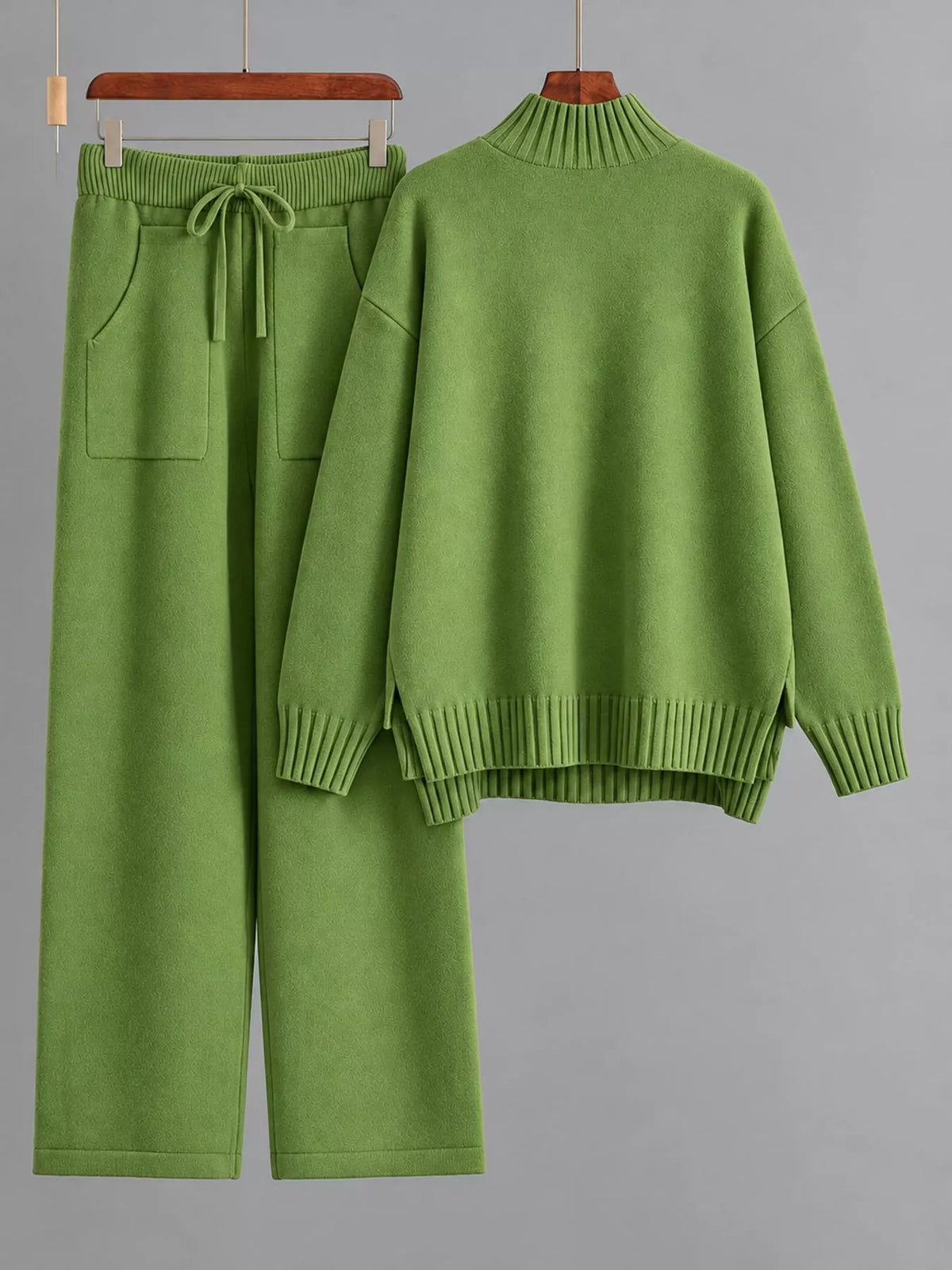 Mock Neck Sweater and Wide-Leg Pants Knit Set — garment front