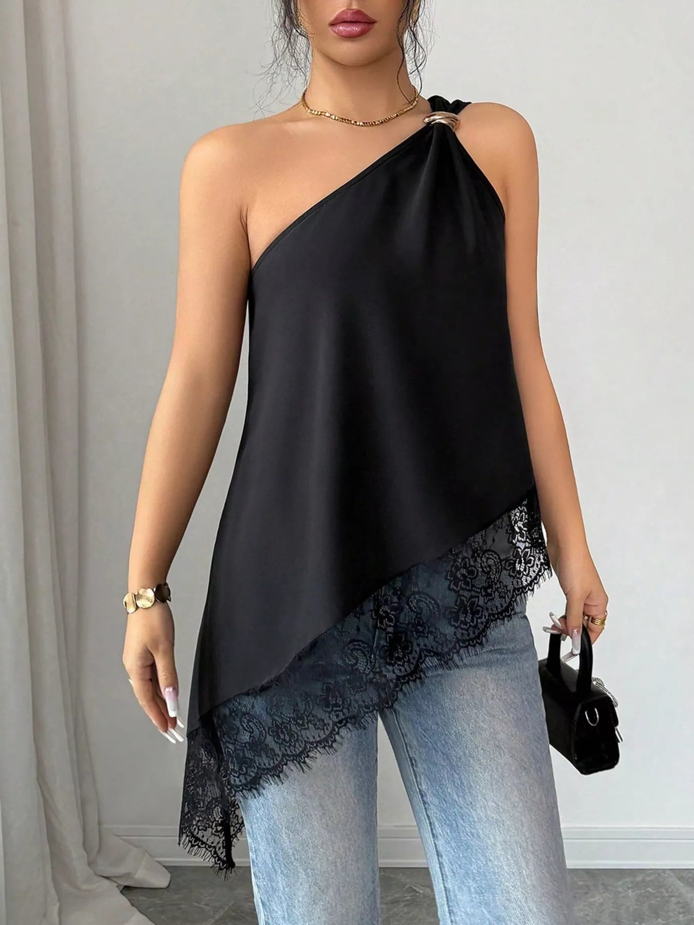 Trendsi Asymmetrical One-Shoulder Lace Trim Cami -