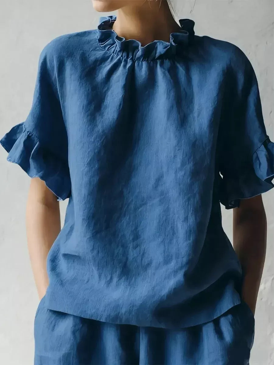 Navy Blue Ruffle-Neck Short Sleeve Blouse, front view