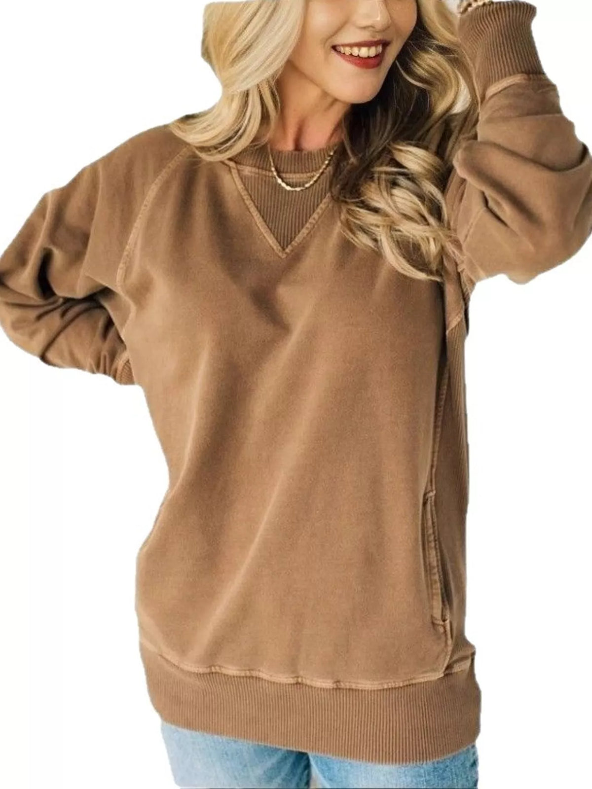 Brown crew neck raglan sleeve sweatshirt
