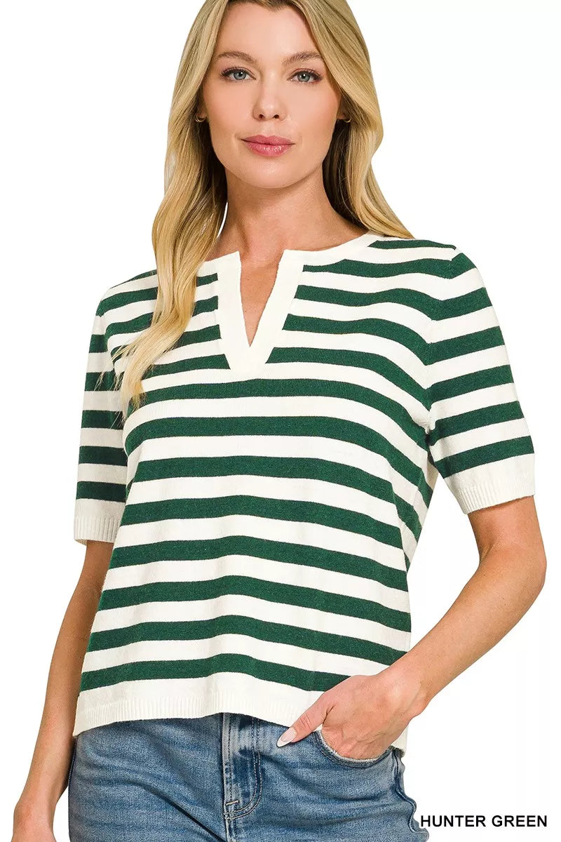 Women's brown and white striped split-neck short-sleeve sweater - product view 1