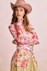Trendsi BiBi Floral Shrried Detail Button Up Mesh Cardigan Top -
