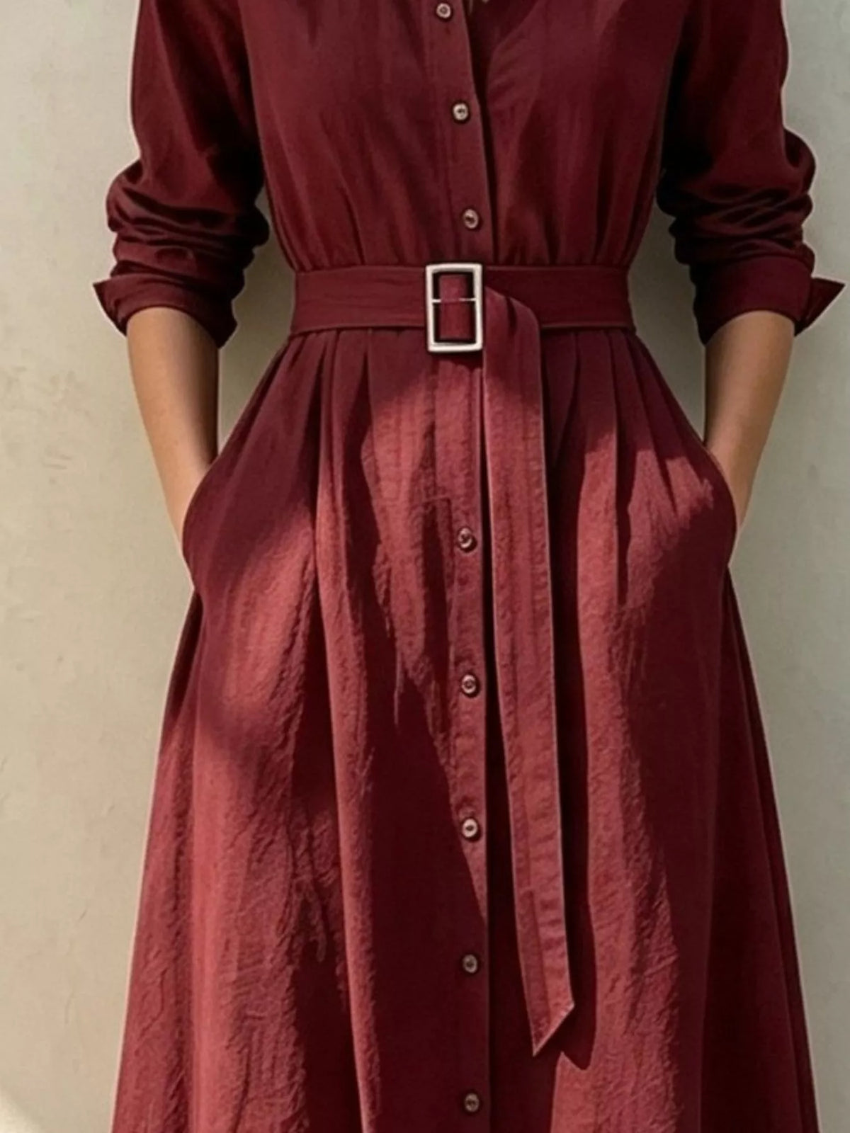 Button-Down Midi Shirt Dress with Pockets, waist detail
