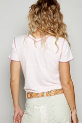 Trendsi POL V-Neck Short Sleeve Ribbed T-Shirt with Contrast Overlock Stitching -