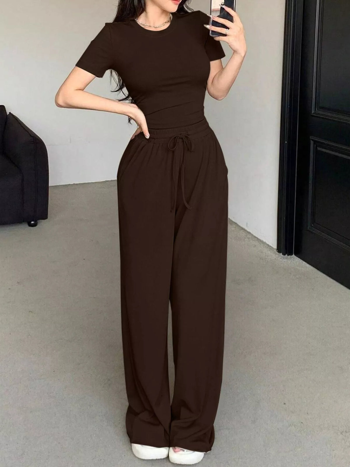 Trendsi Solid Color Short Sleeve Crop Top and Wide Leg Pants Set -