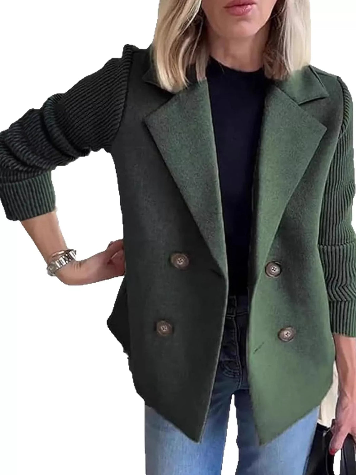 Army Green double-breasted blazer with ribbed knit sleeves
