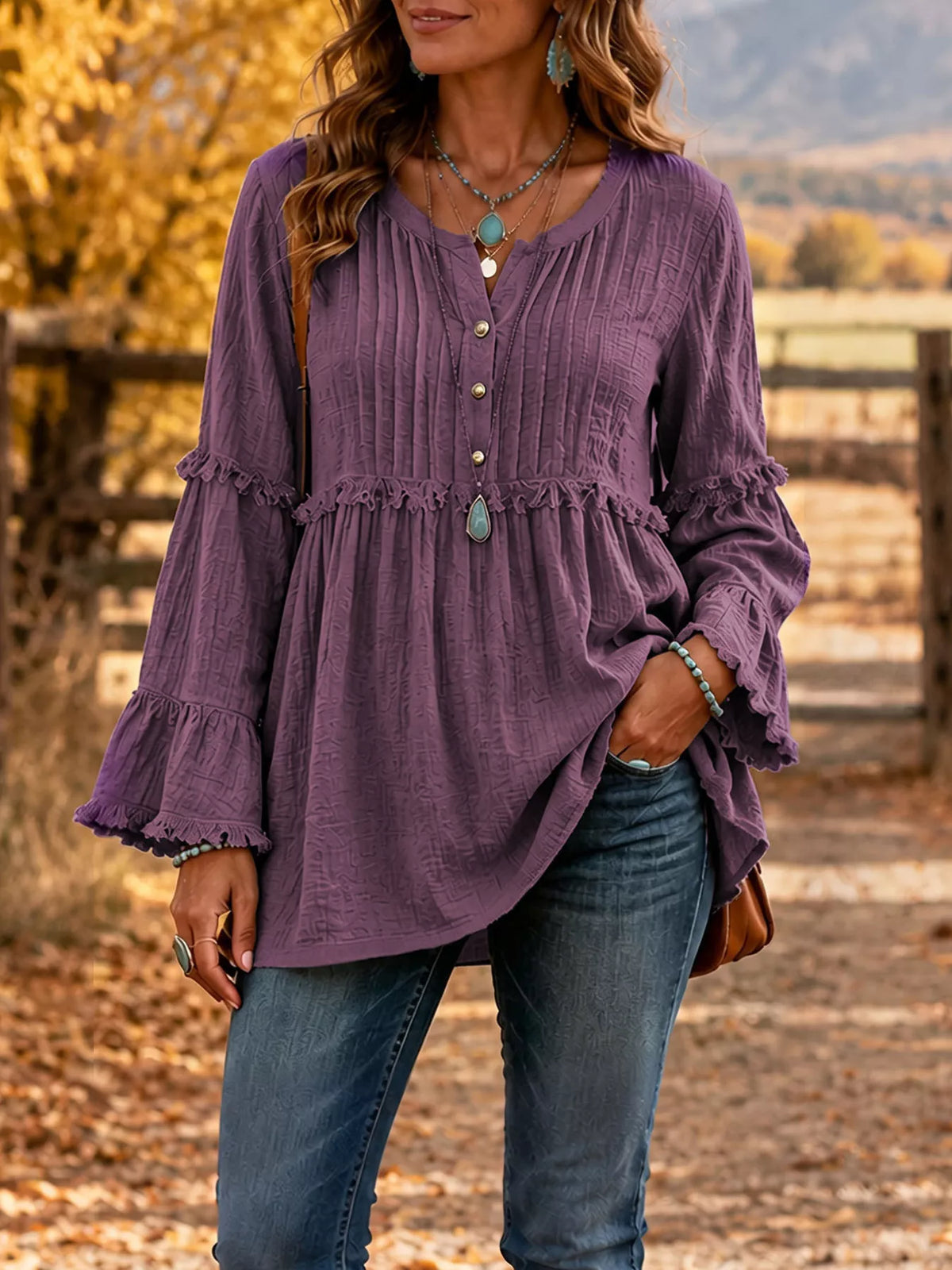 Trendsi Full Size Frill Notched Long Sleeve Blouse Plus Size -