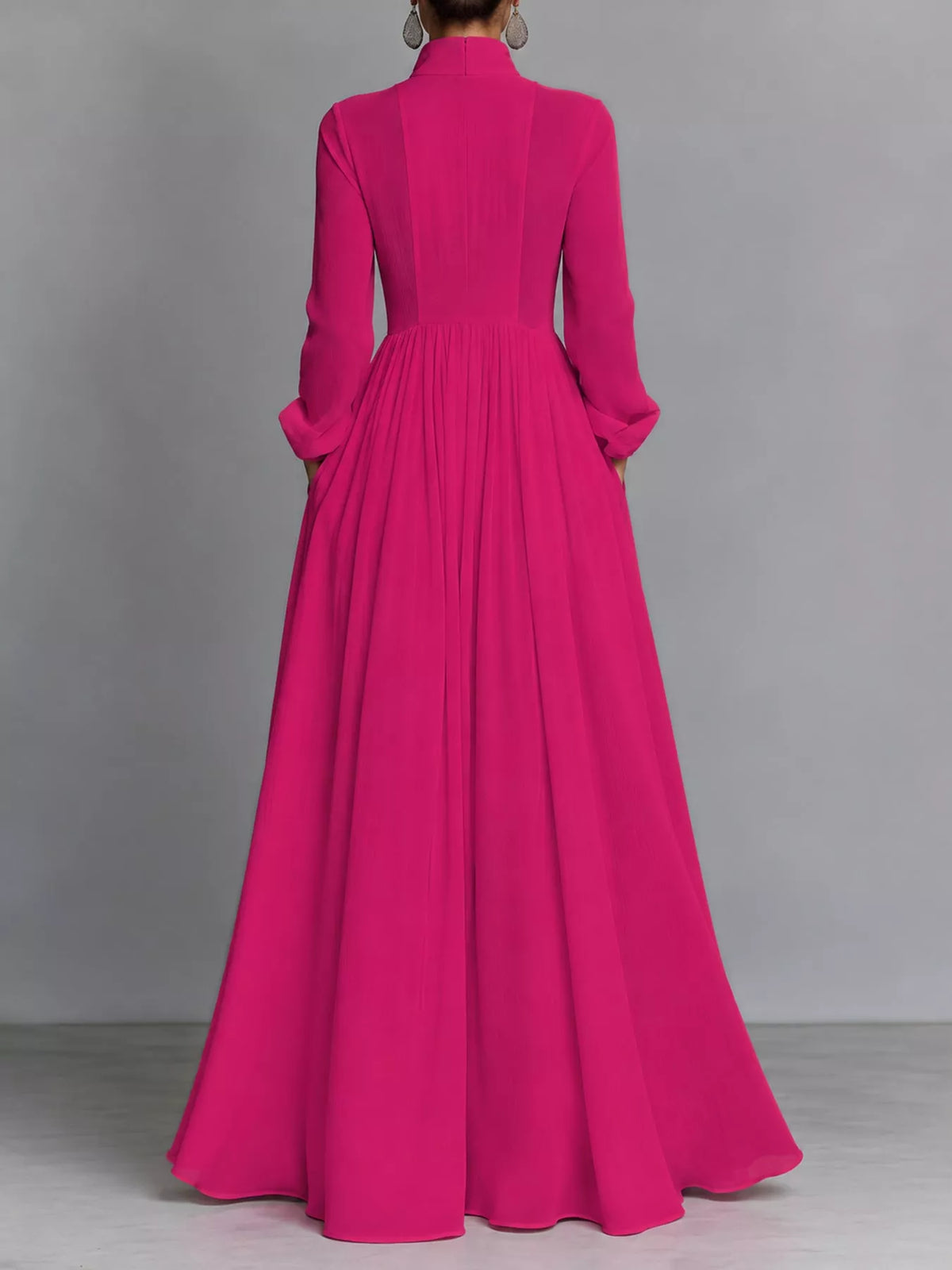 Hot pink long sleeve button-front maxi dress, back view