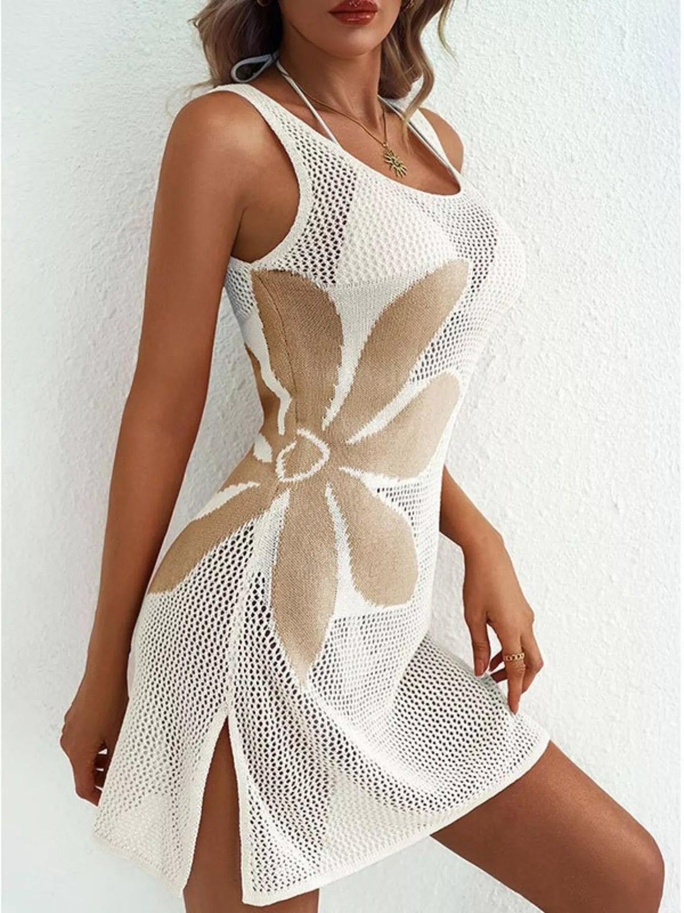 Trendsi Side Slit Flower Crochet Knit Cover Up Dress -