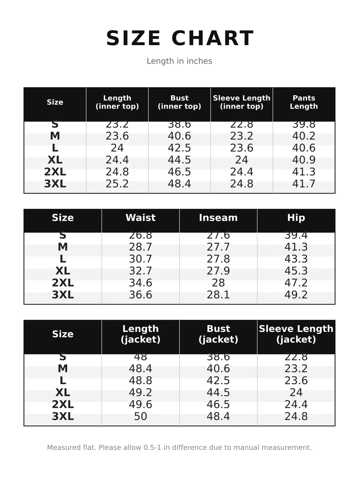 Size chart for women's cowl neck top, cardigan and pants set