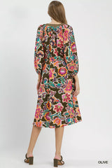 Trendsi Umgee Abstract Print Embroidered Belted Midi Dress - Dresses