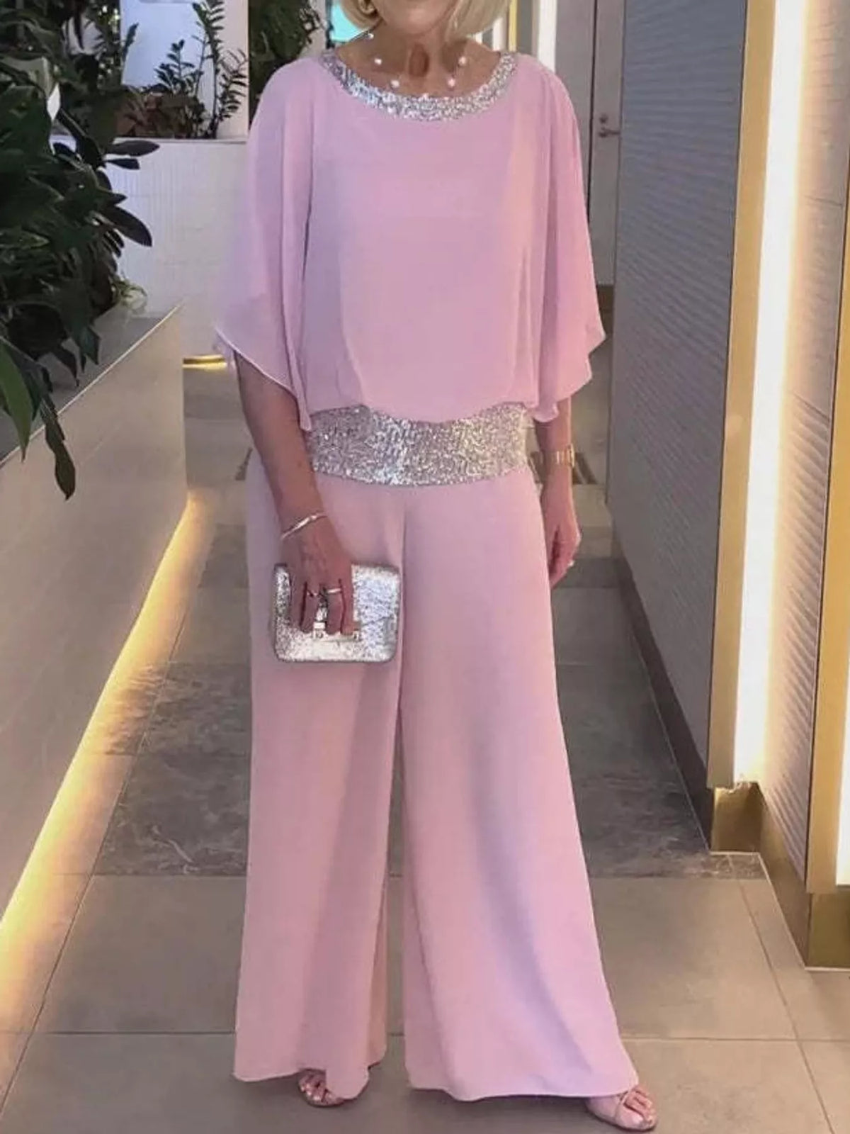 Chiffon Top and Wide-Leg Pants Set — front view