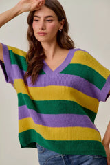 Trendsi SO ME Mardi Gras Loose Fit V Neck Stripe Sweater Top -