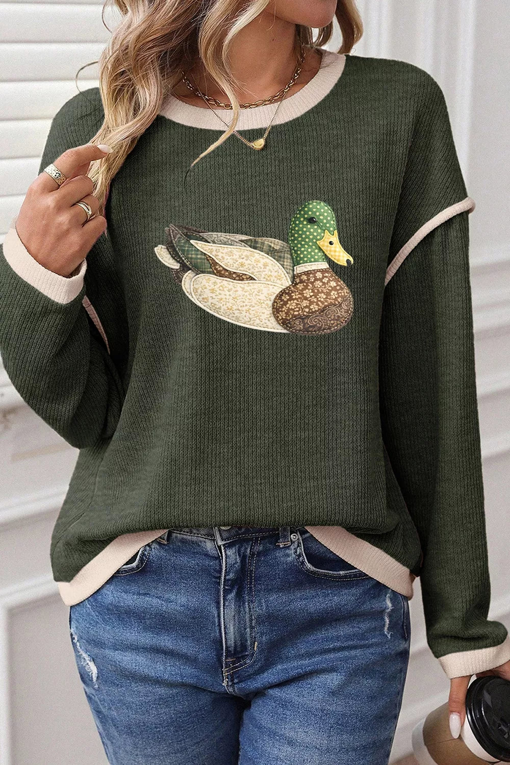 Trendsi Duck Graphic Contrast Trim Patchwork Casual Knit Top -