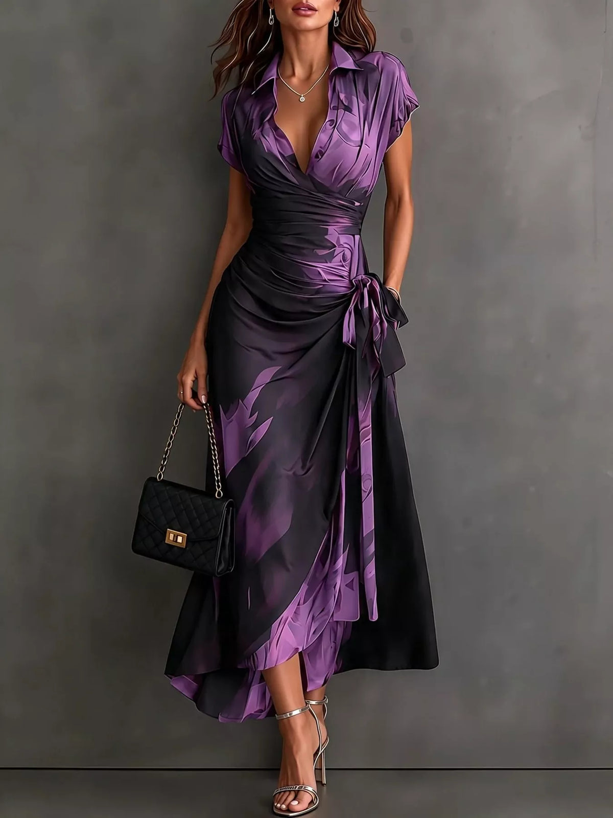 Purple and black tie-detail surplice dress