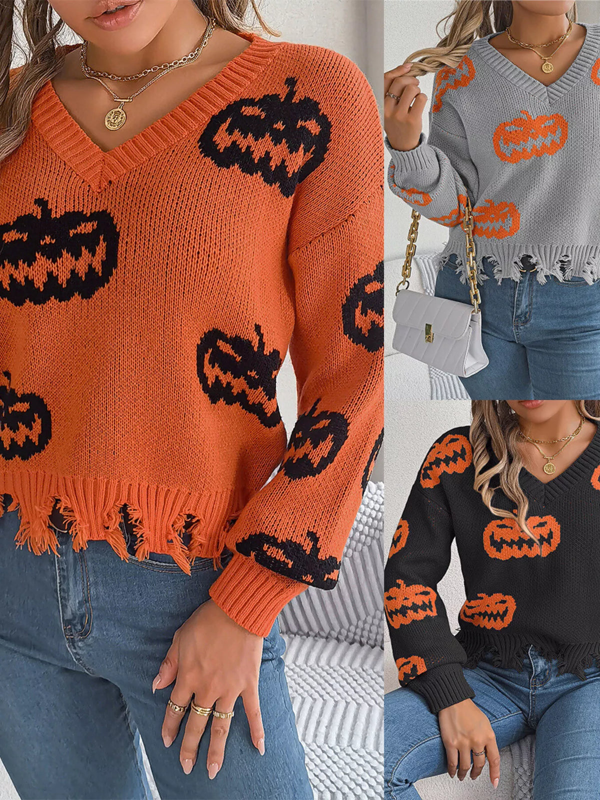 Pumpkin Distressed Hem Sweater in multicolor, color comparison view