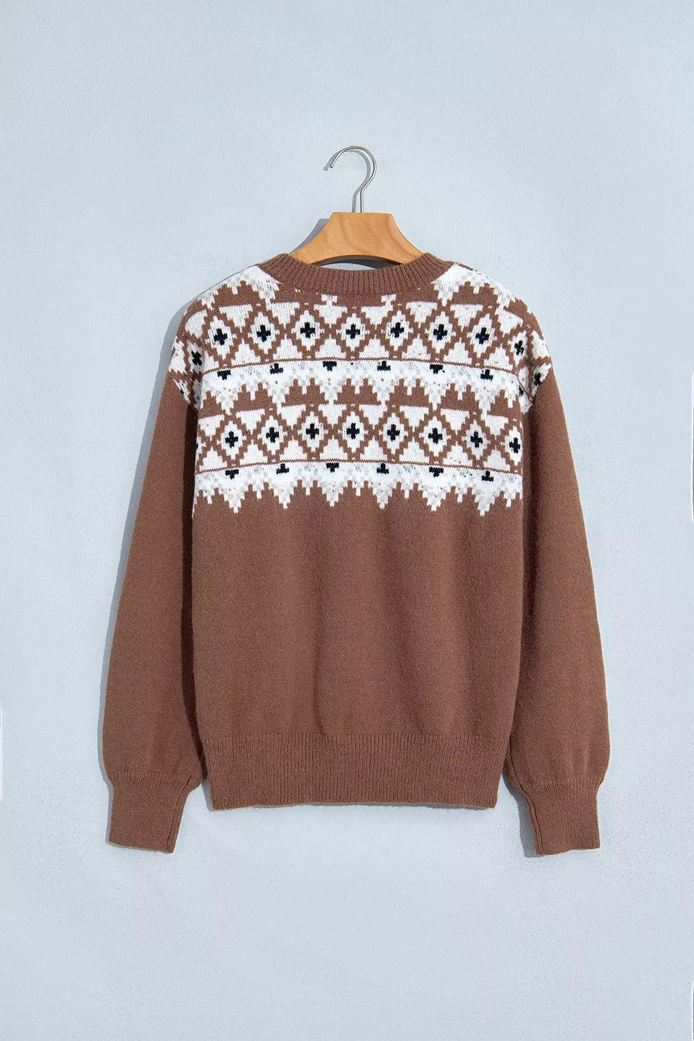 Women's Geometric Print Drop Shoulder Casual Pullover Sweater in Caramel, side view