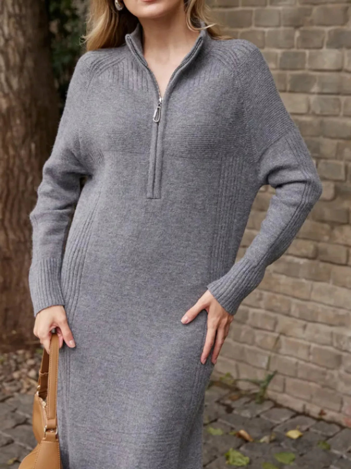 Gray half-zip ribbed knit sweater dress — front view