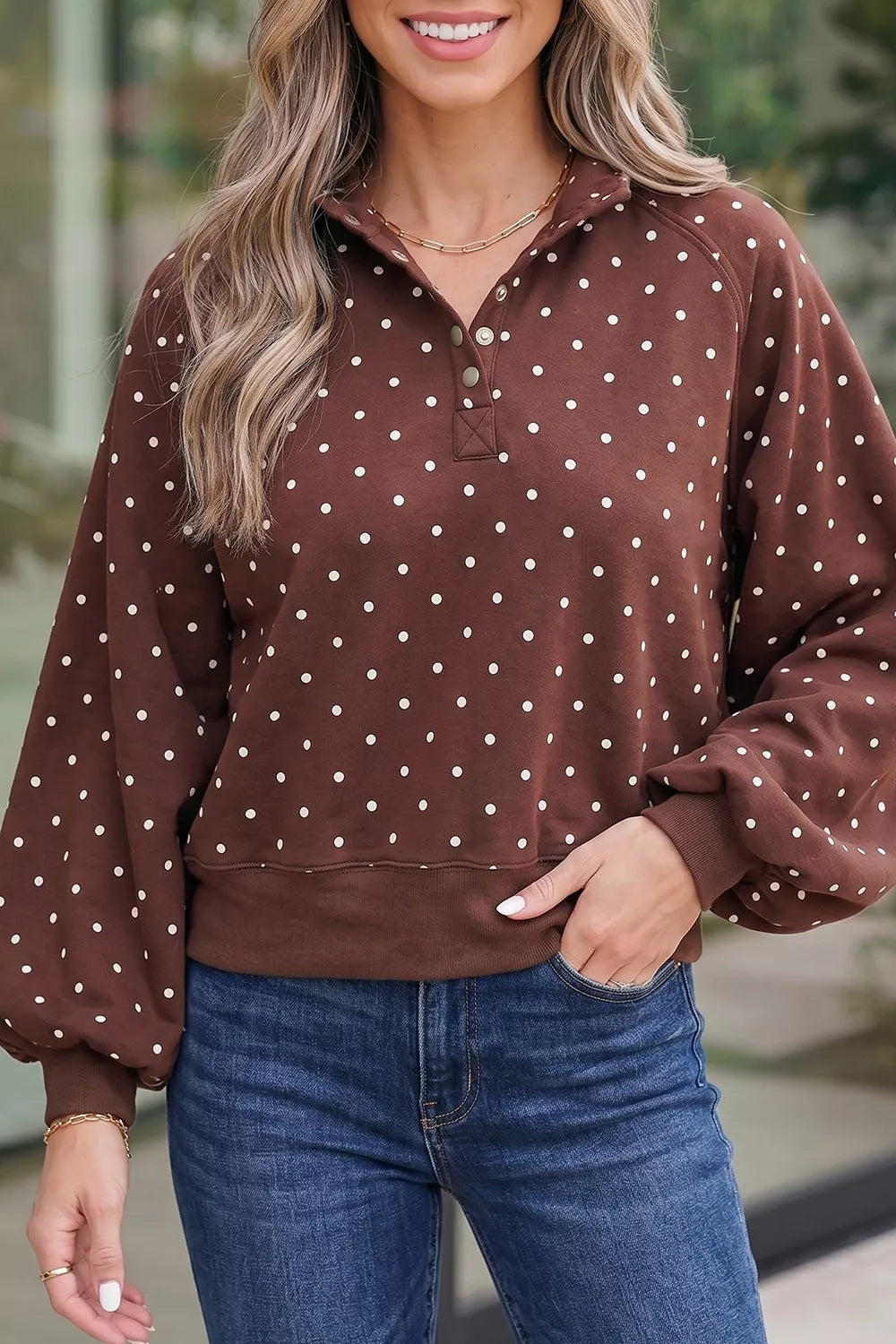 Trendsi Polka Dot Print Metal Button Collar Casual Pullover Sweatshirt - Shirts