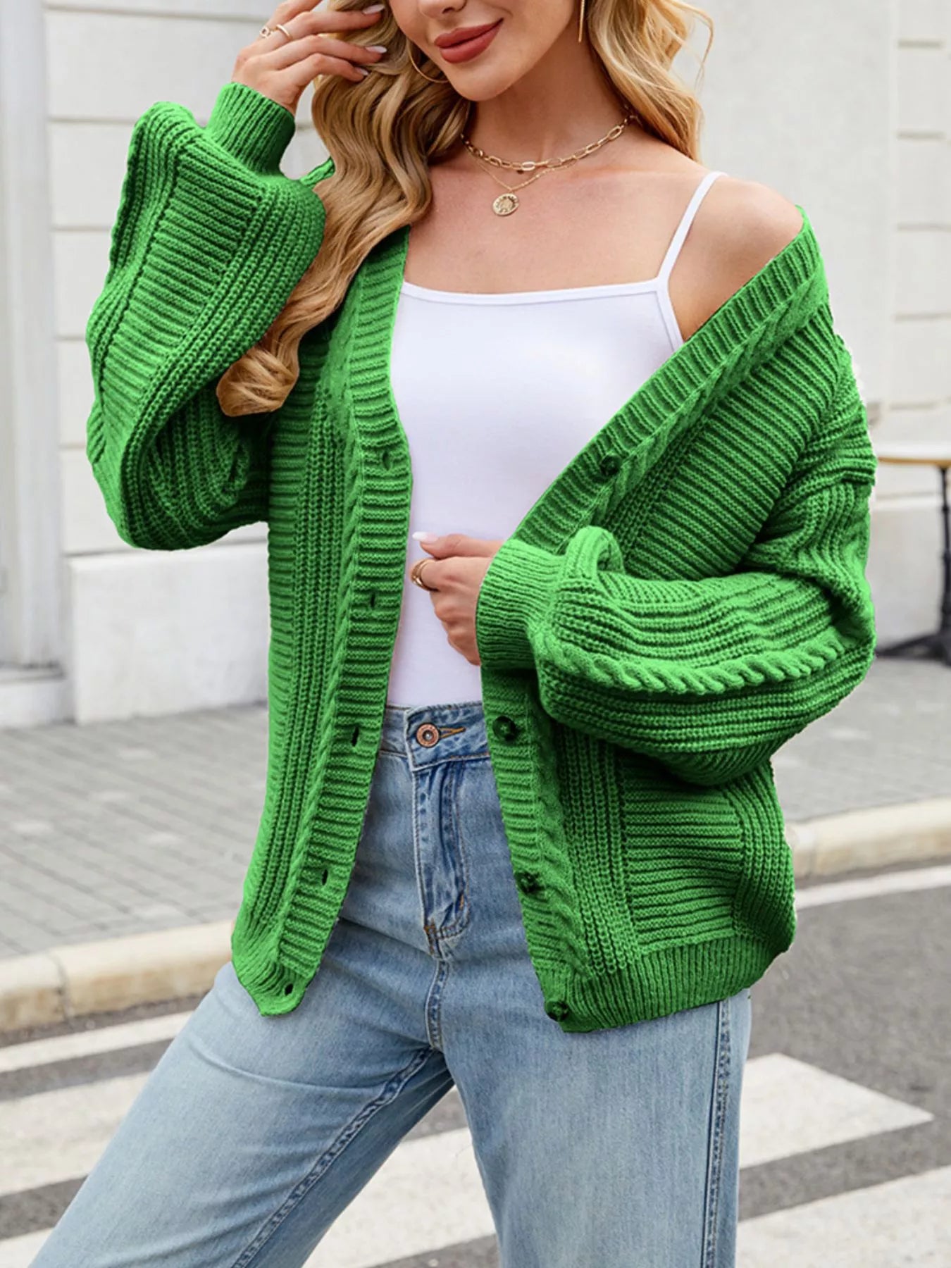 Trendsi Cable Knit Button-Up Cardigan -
