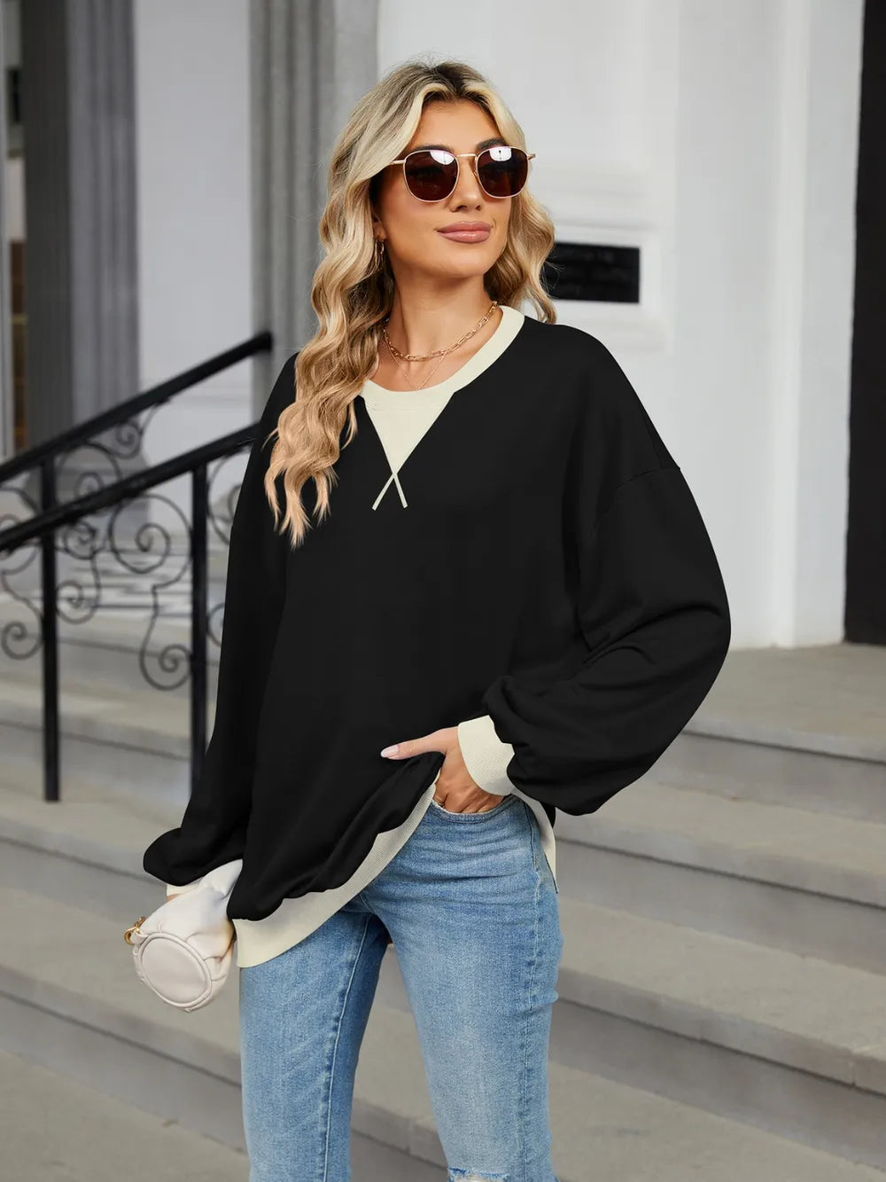 Trendsi Contrast Round Neck Long Sleeve Sweatshirt -