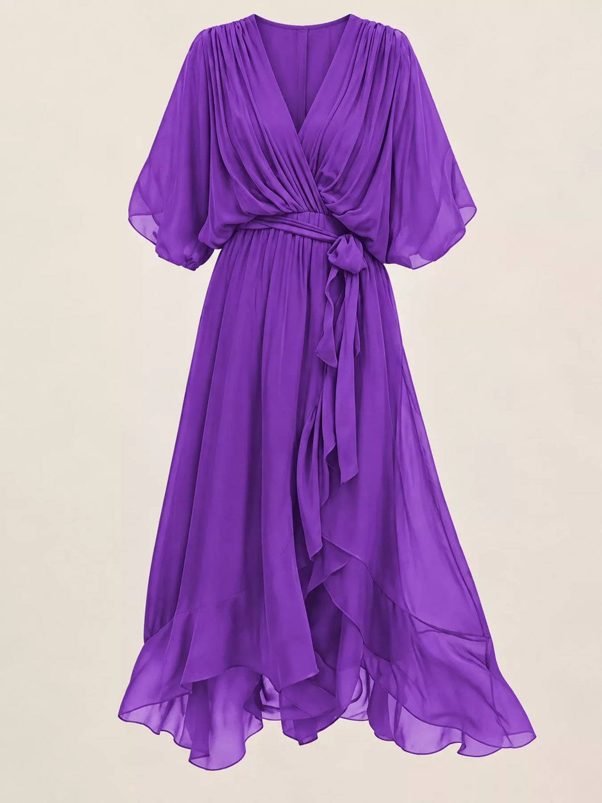 Purple batwing sleeve wrap dress with waist tie, front view