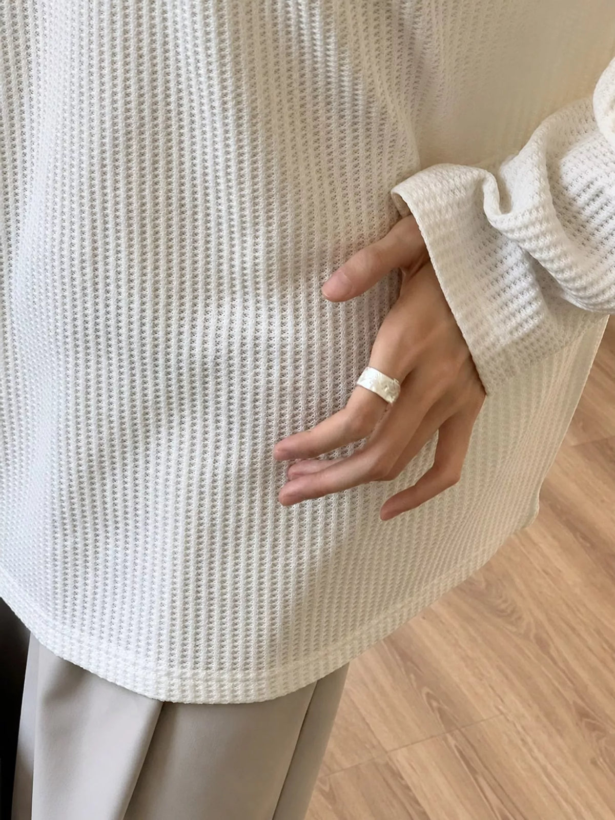 Split-Neck Waffle Knit Long Sleeve T-Shirt — garment construction details