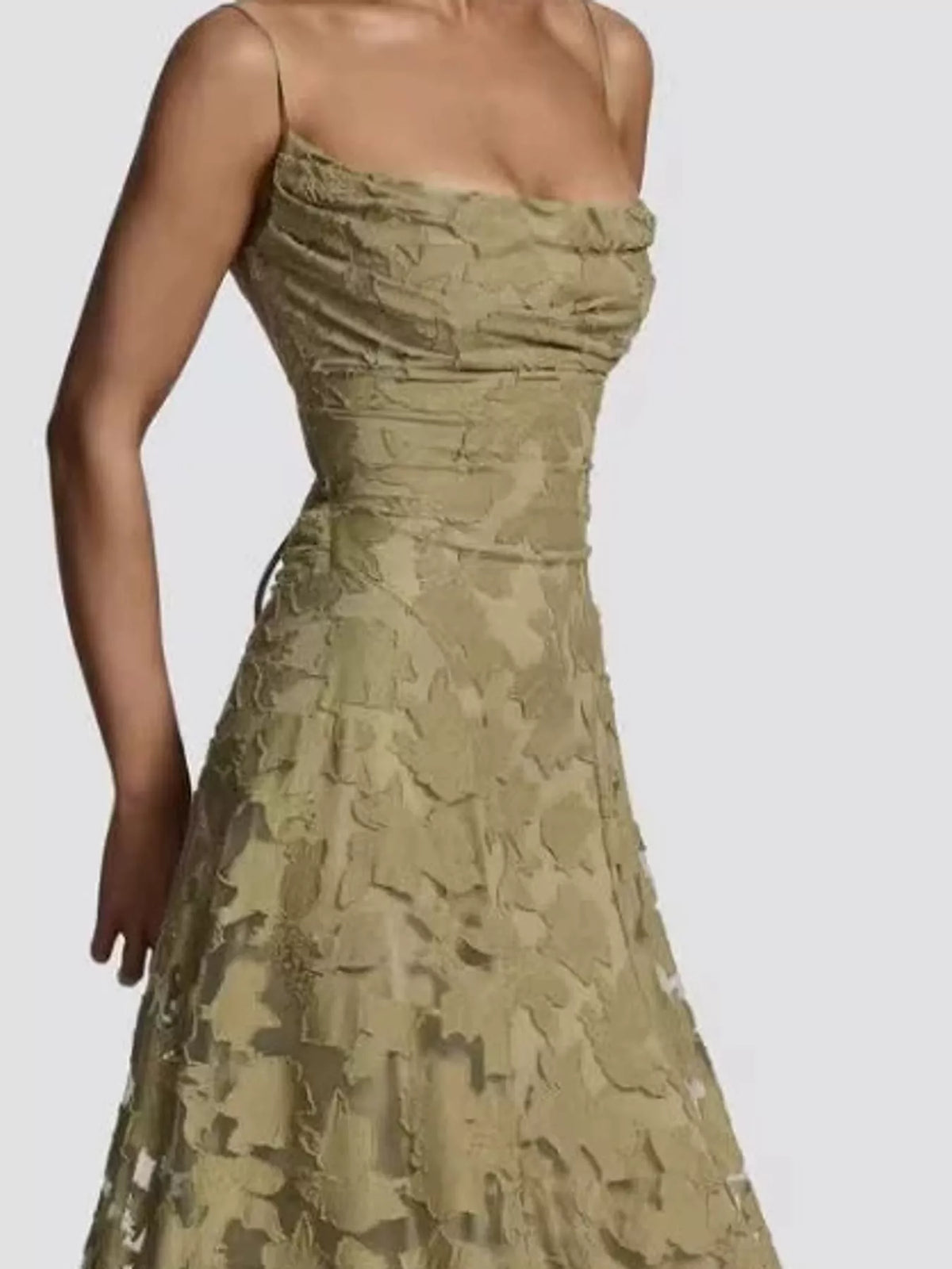 Olive backless lace maxi dress, side view