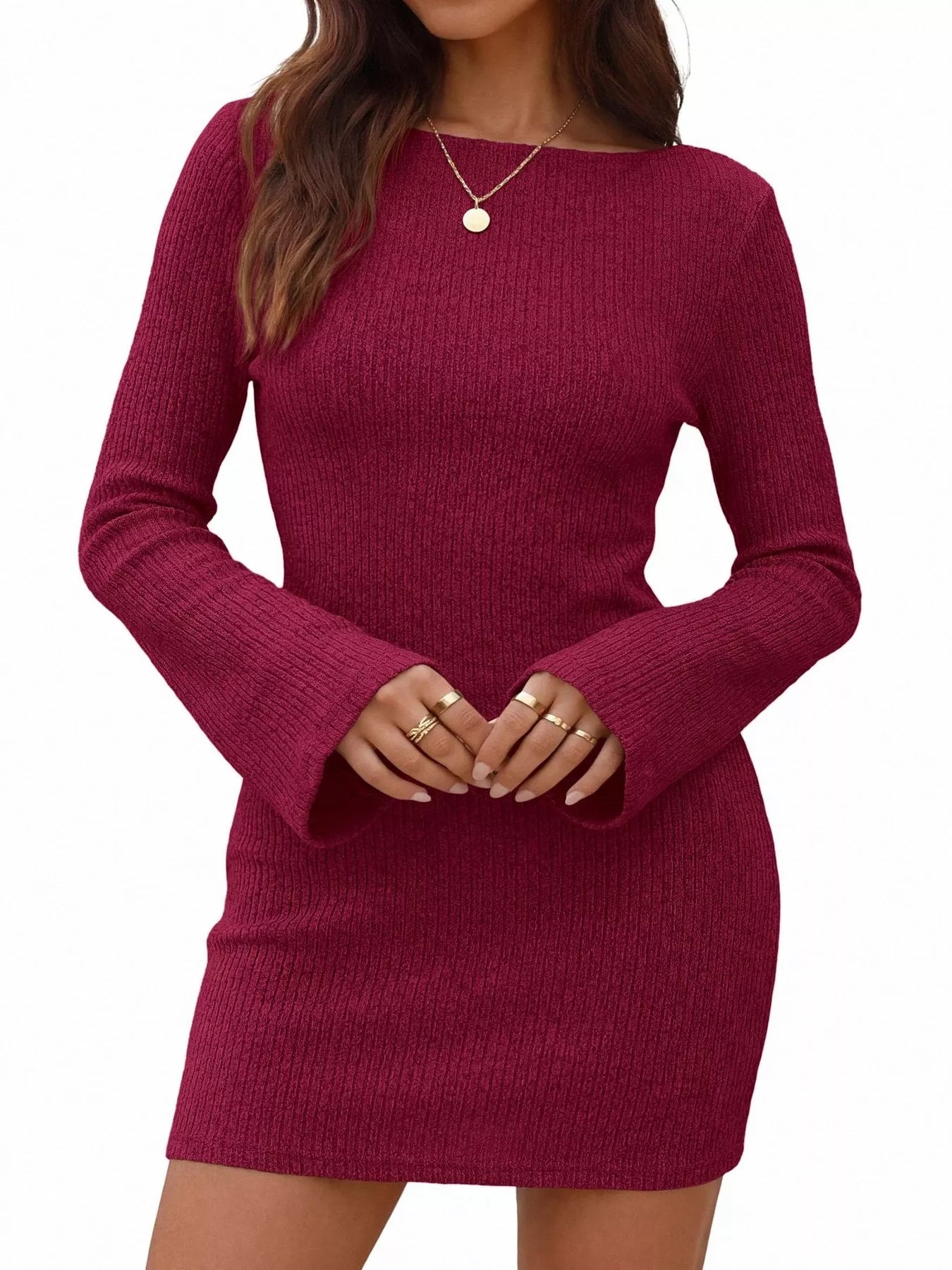 Trendsi Ribbed Knit Long Sleeve Slim Fit Sweater Dress -