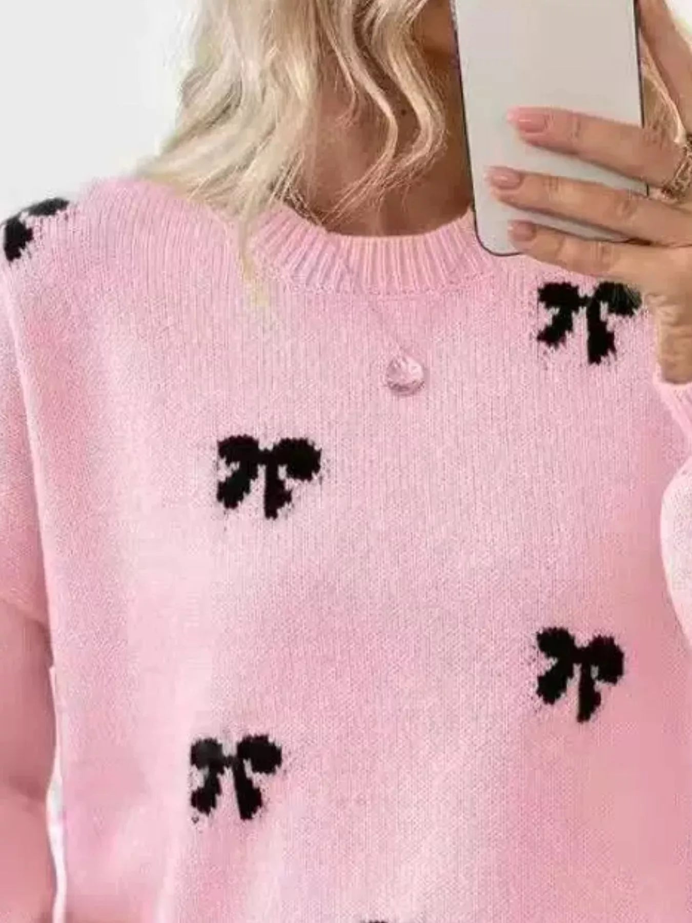 Trendsi Bow Round Neck Dropped Shoulder Sweater -