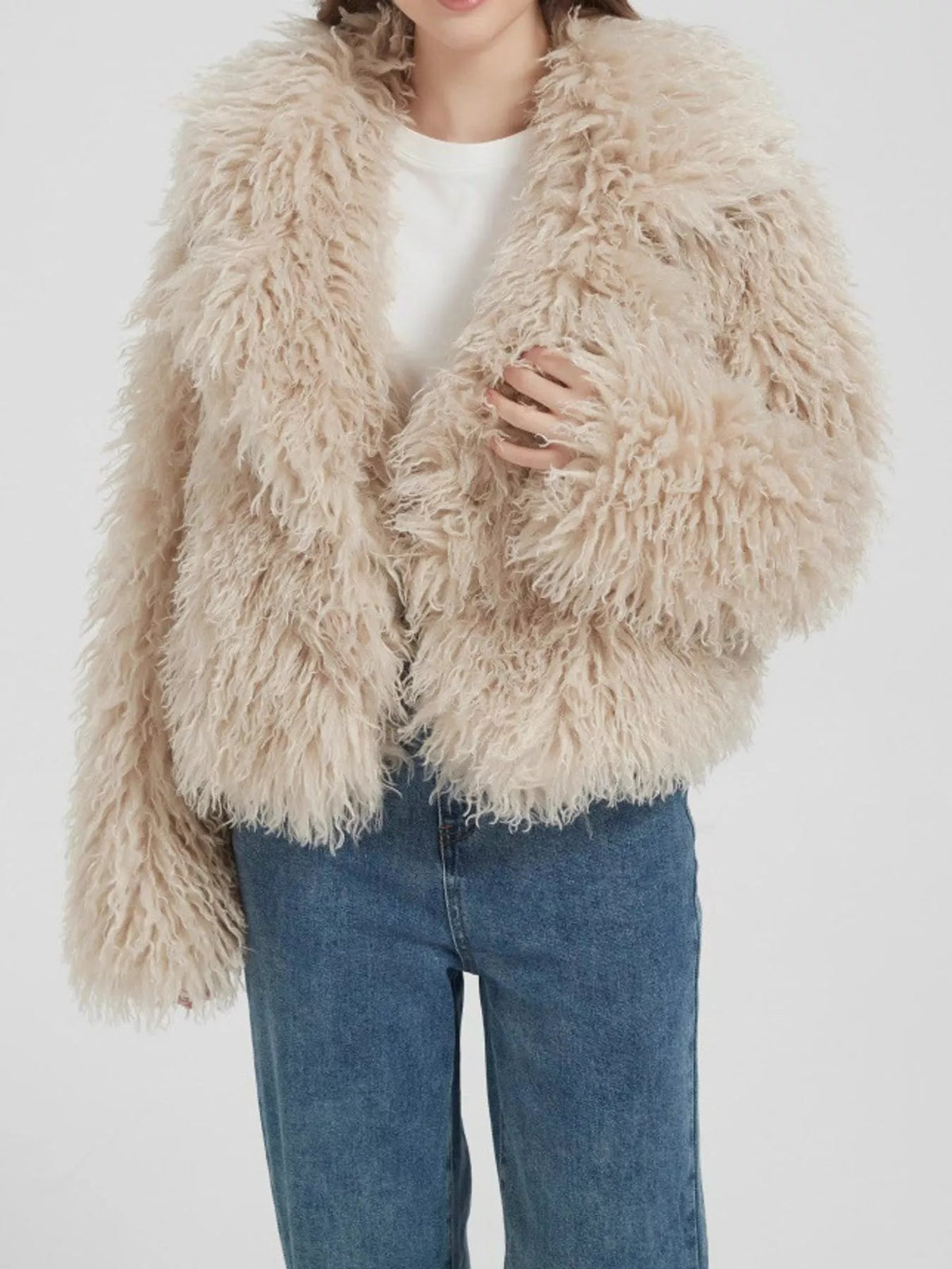 Collared long sleeve jacket, front view on model