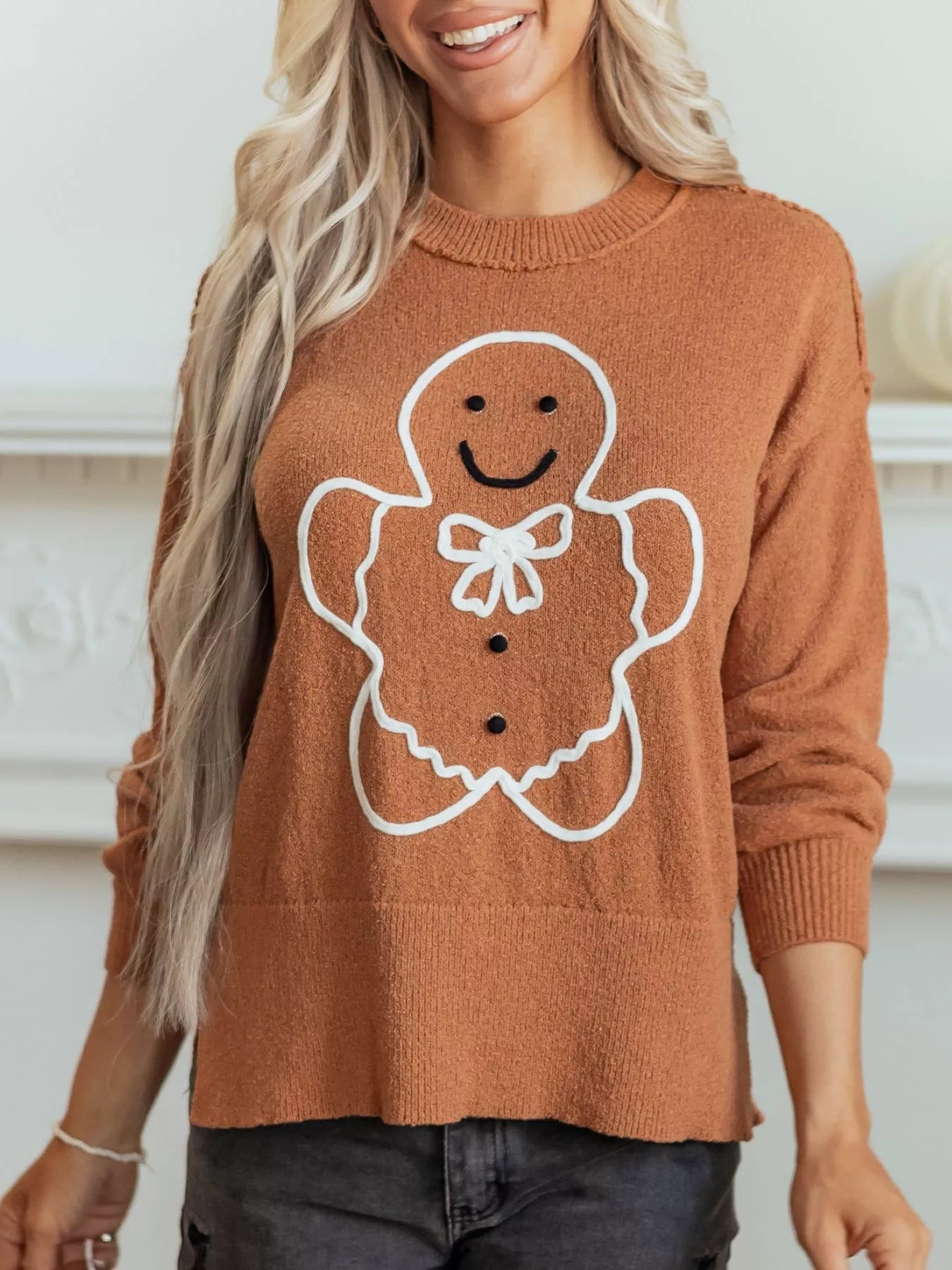 Trendsi Oversized Drop Shoulder Round Neck Christmas Sweater -