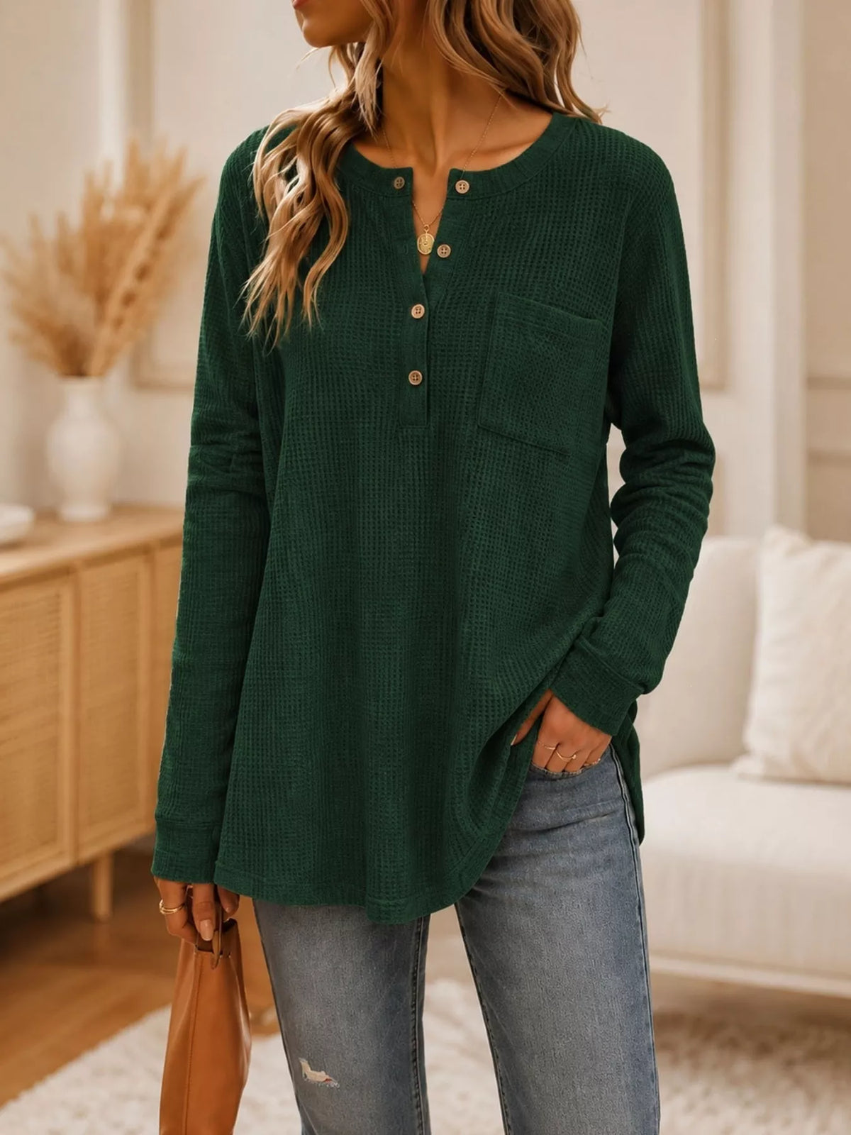 Green waffle-knit button-detail top, front view