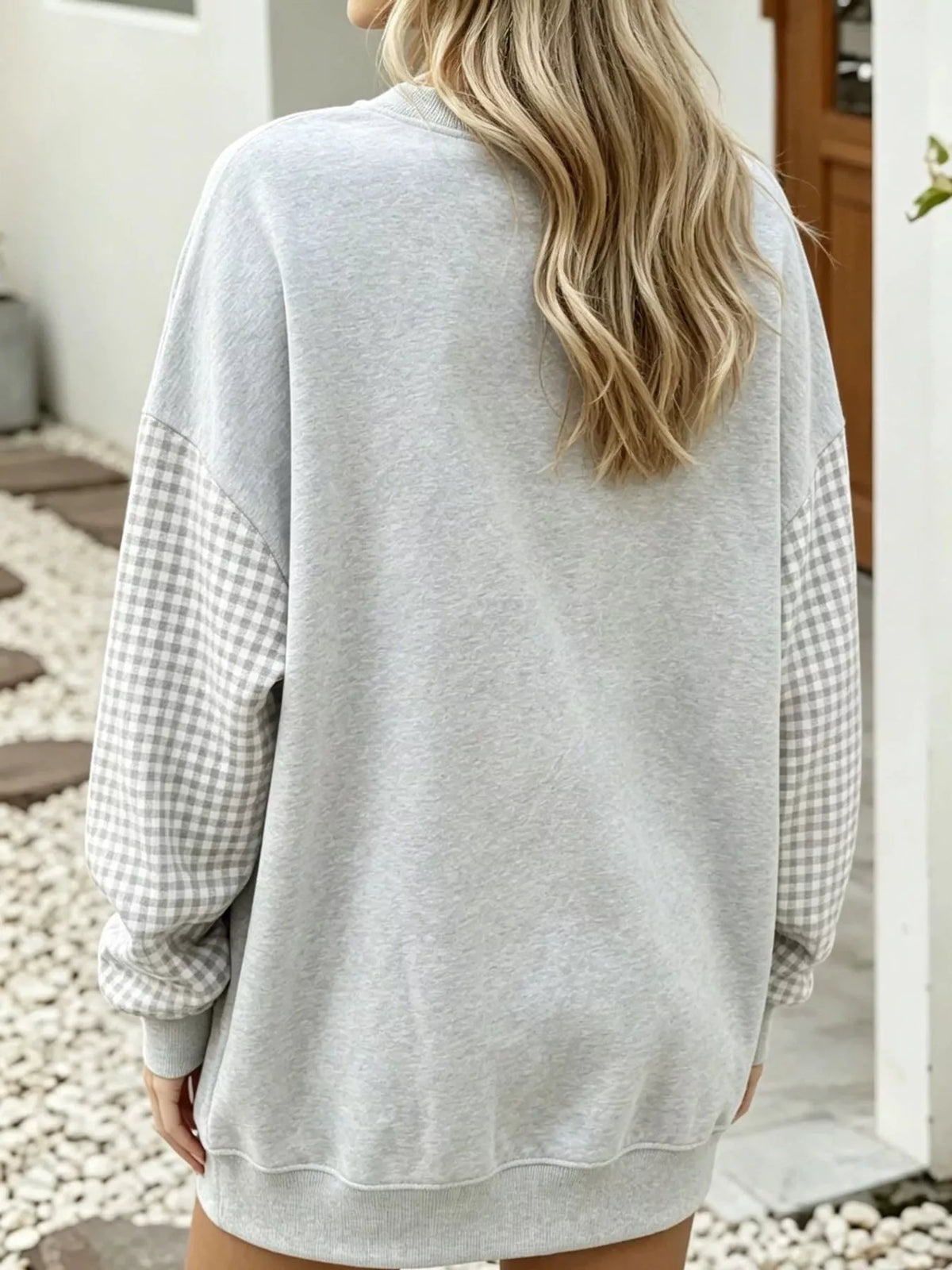 Gray and white gingham sleeve dropped shoulder sweatshirt, back view
