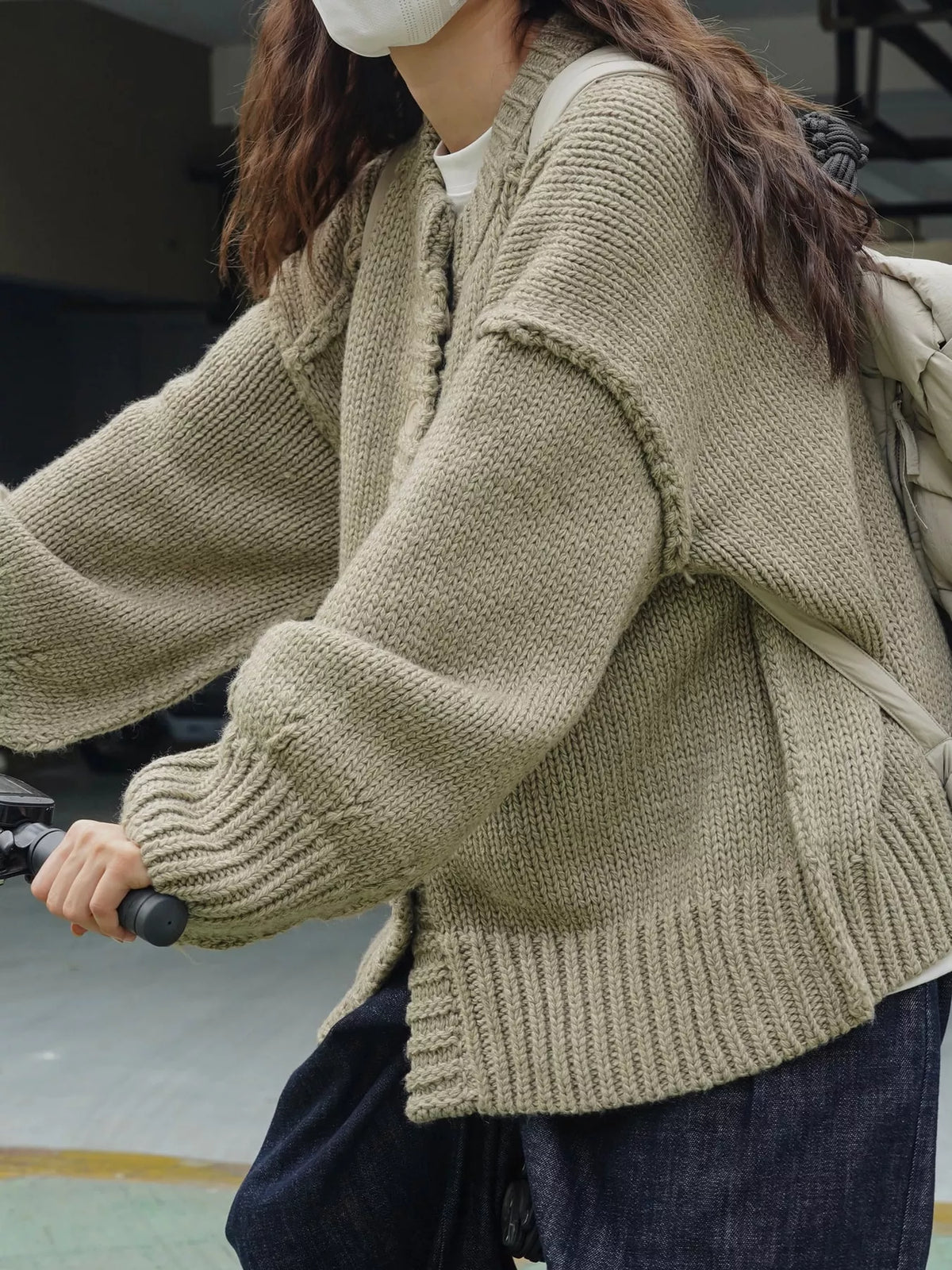 Oversized Chunky Knit Cardigan with Textured Button Placket in green