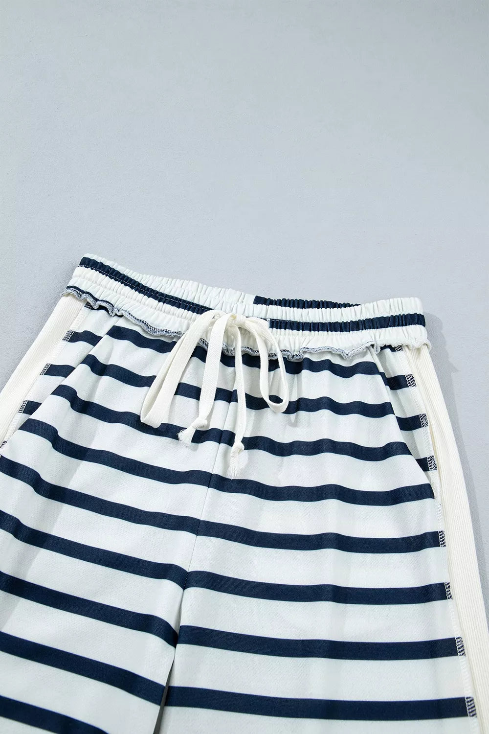Women's Striped Long Sleeve Top and Wide-Leg Pants Set in White, flat product view