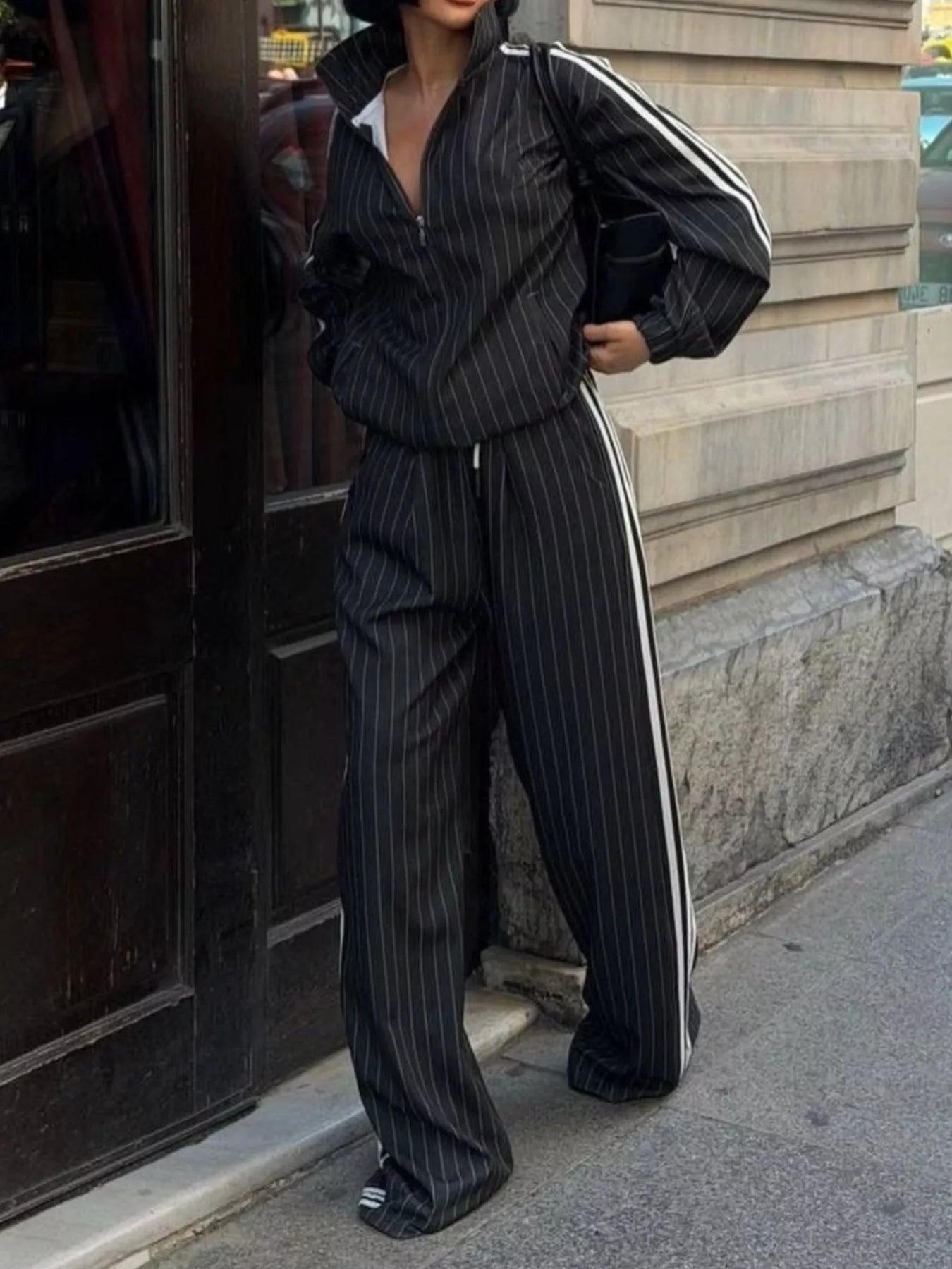 Trendsi Side Stripe Zip Up Jacket and Pants Set -