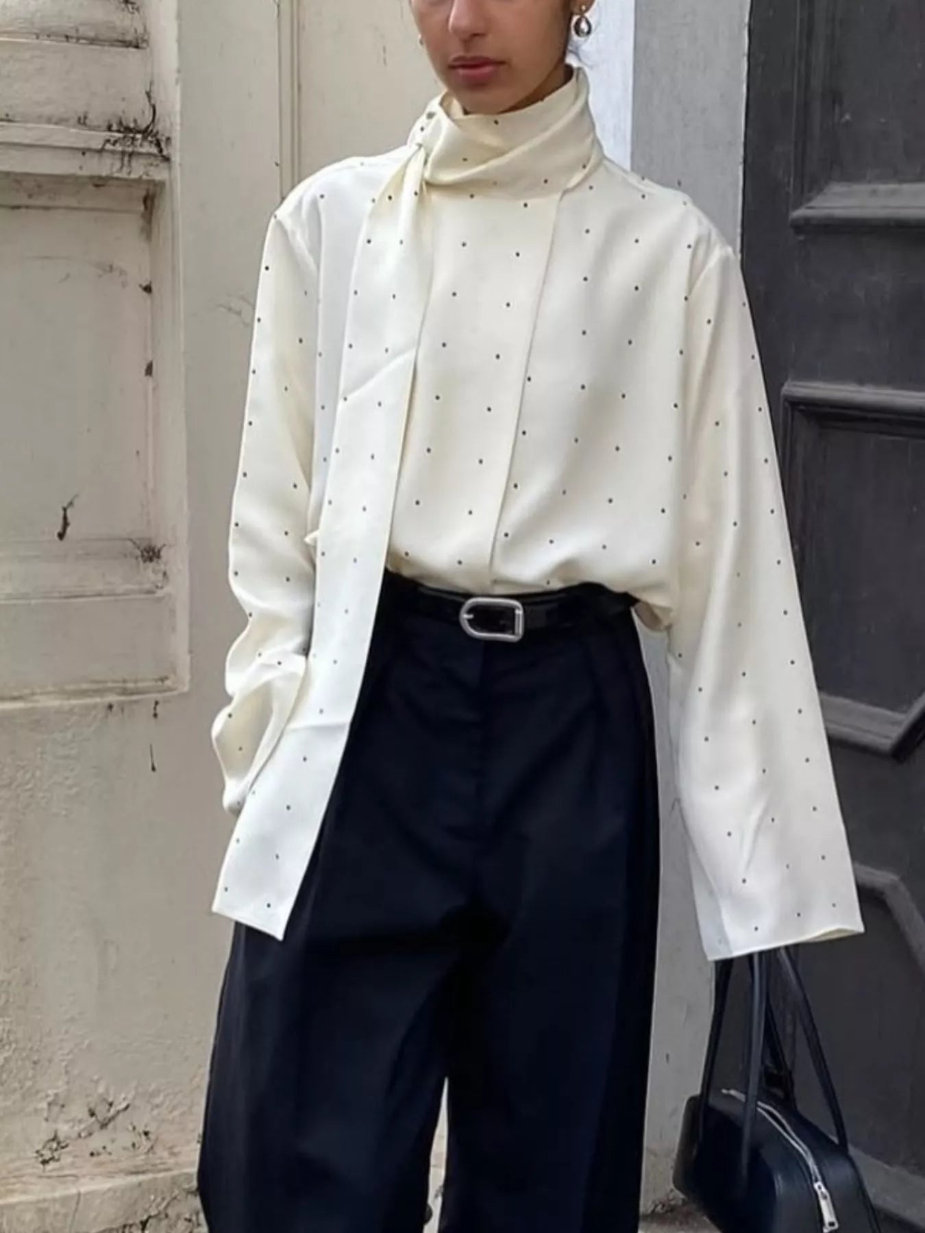 Trendsi Polka Dot Silk Blouse with Scarf Neck Tie -